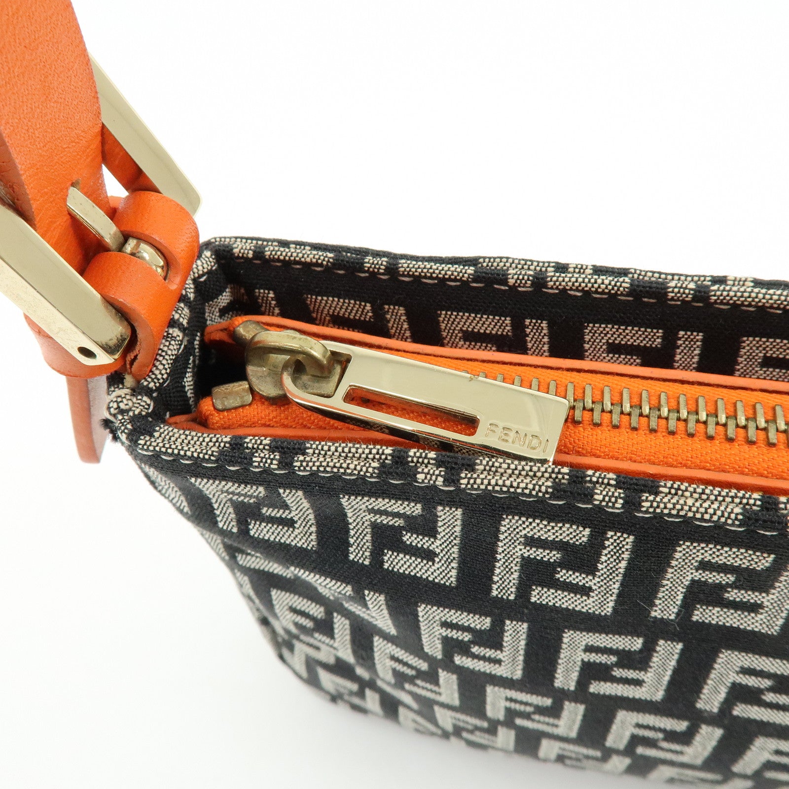 FENDI Zucchino Canvas Leather Shoulder Bag Black Orange 8BR042