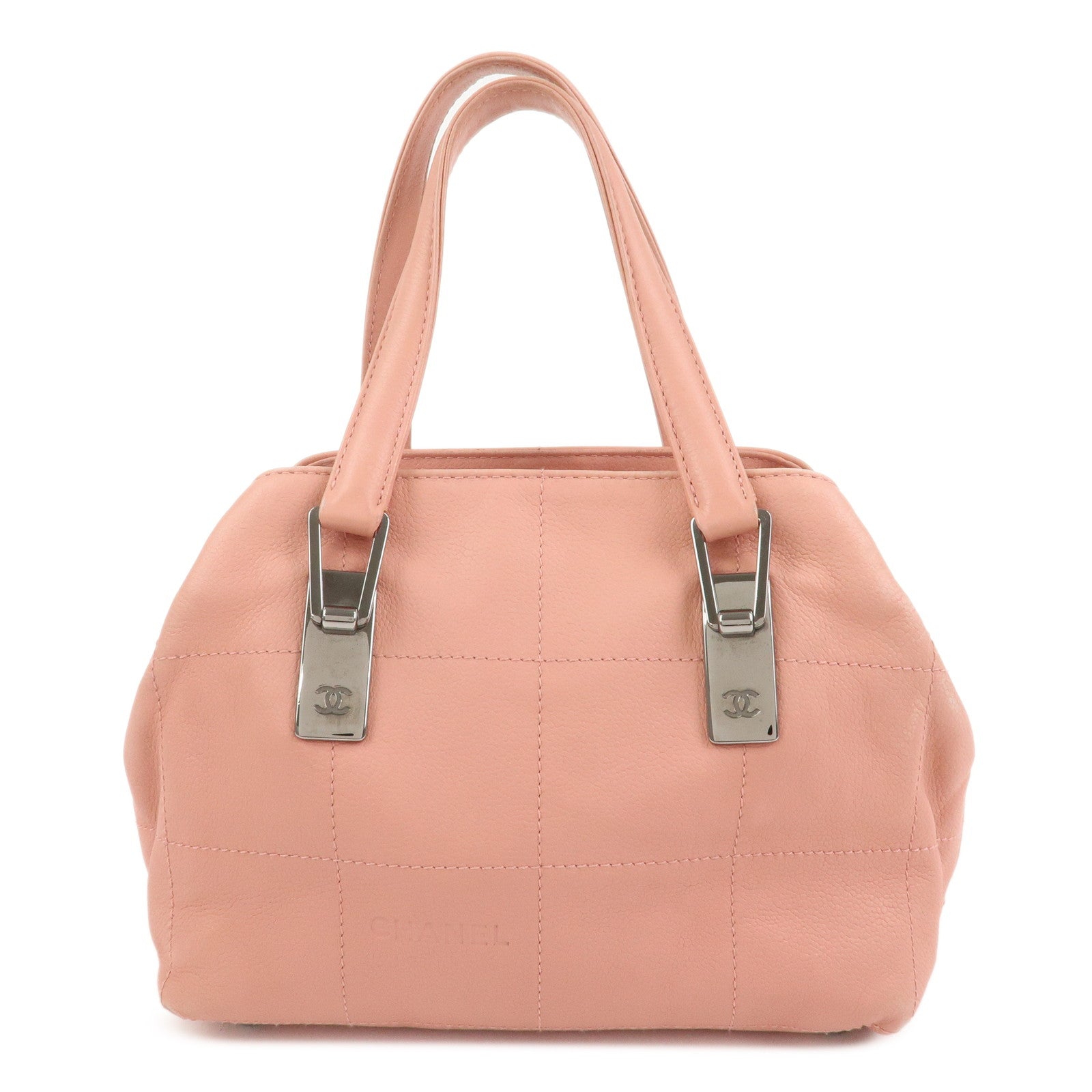 CHANEL Chocolate Bar Calf Leather Boston Bag Hand Bag Pink