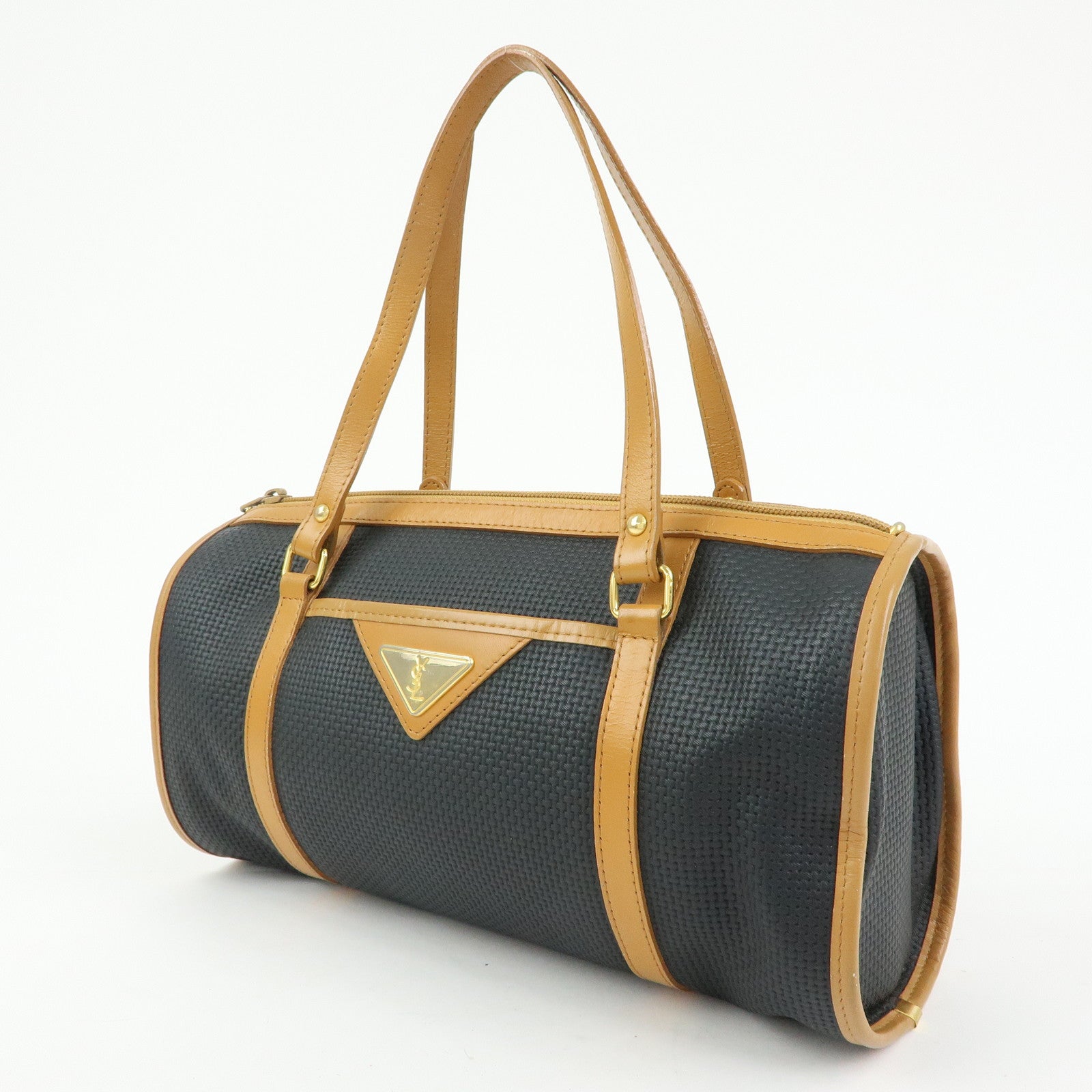 SAINT LAURENT PARIS PVC Leather Mini Boston Bag Hand Bag Navy Camel