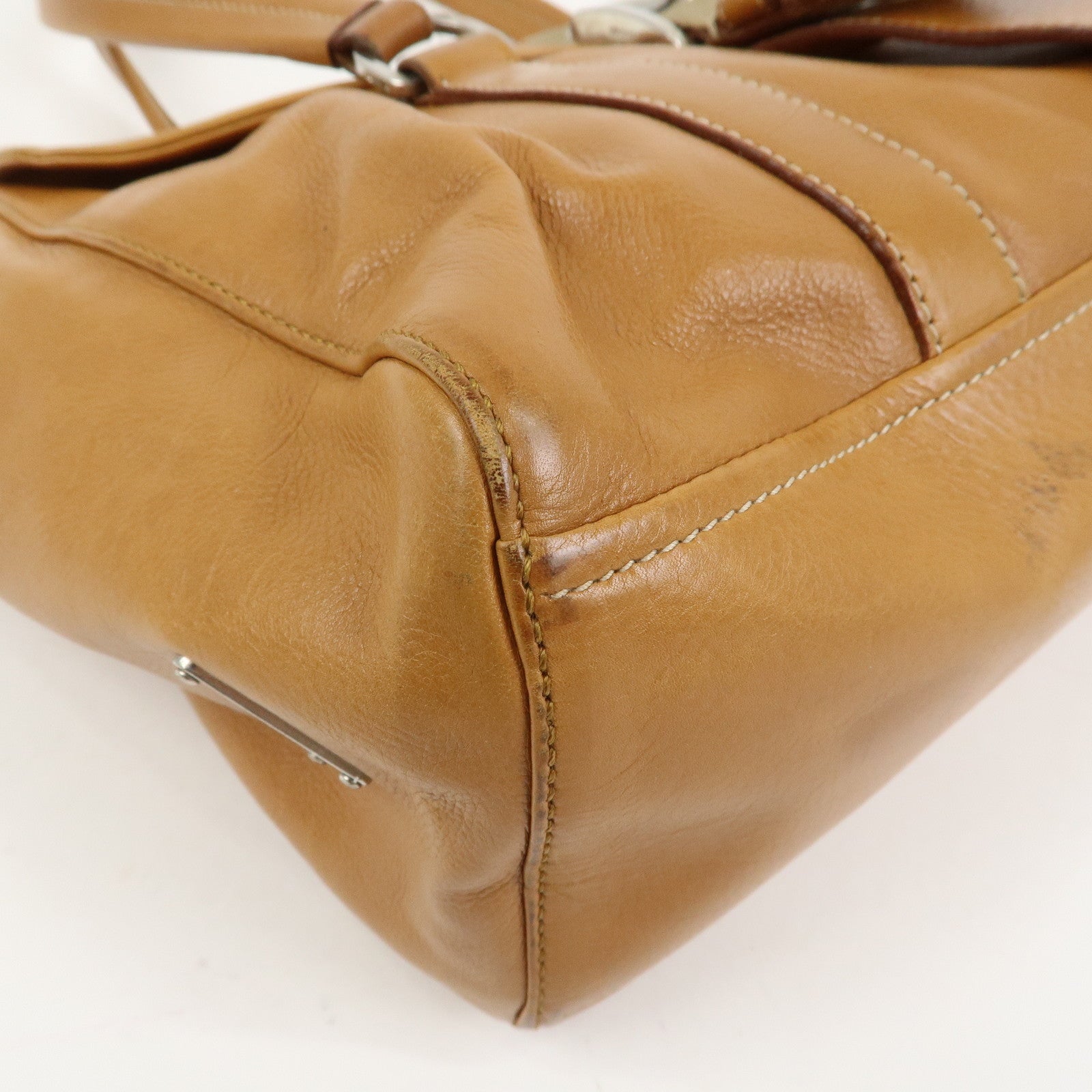 PRADA Triangle Logo Leather Nylon Shoulder Bag Brown BR2418