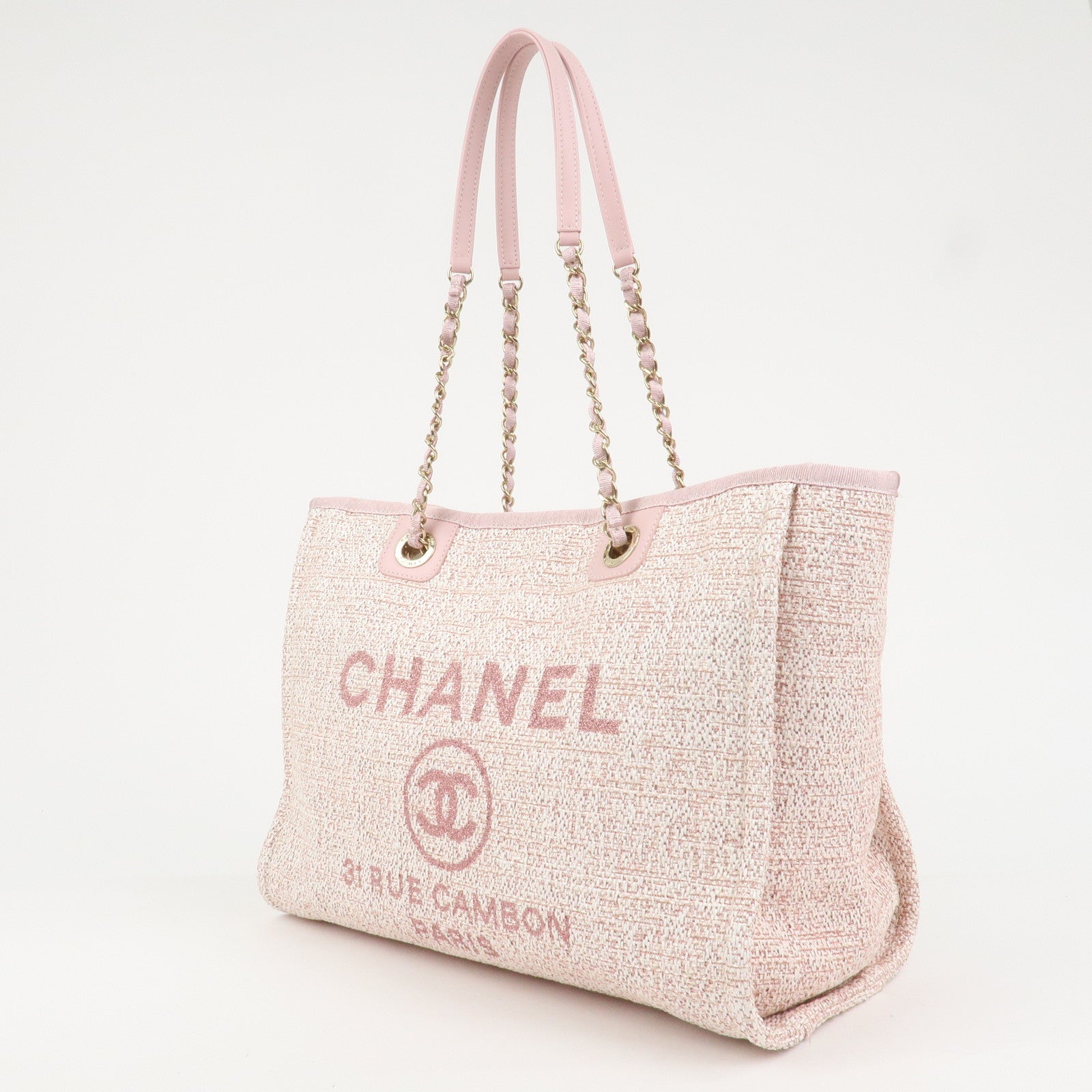 CHANEL Tweed Leather Deauville MM Shoulder Bag Tote Bag Pink
