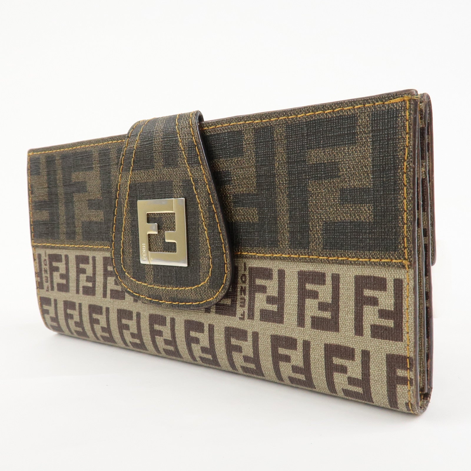 FENDI Zucca Zucchino PVC Leather Brown W Hook Long Wallet 8M00328