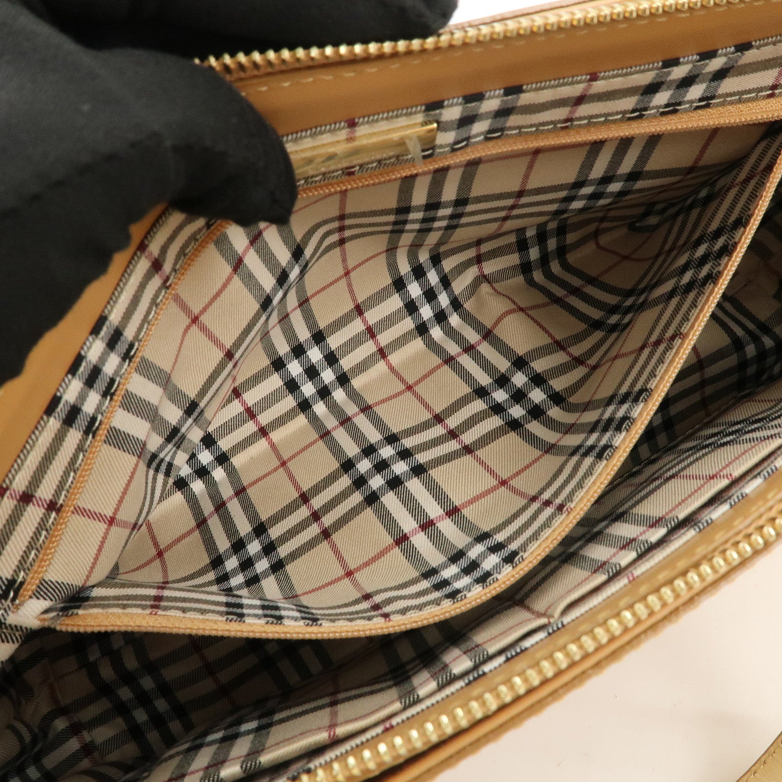 BURBERRY Nova Plaid Logo Leather Hand Bag Light Brown
