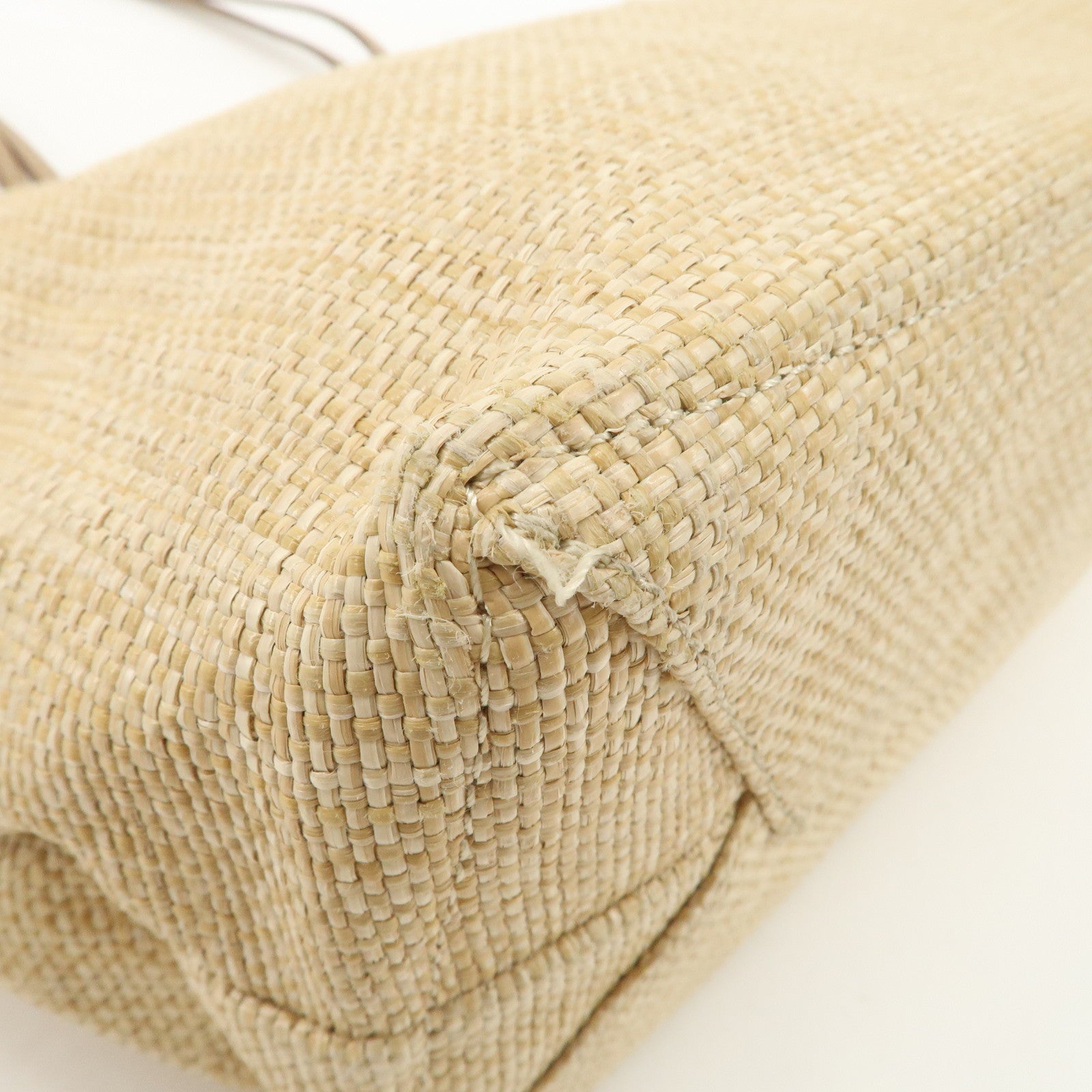 PRADA Leather Raffia Straw Tote Bag Shoulder Bag Beige Used