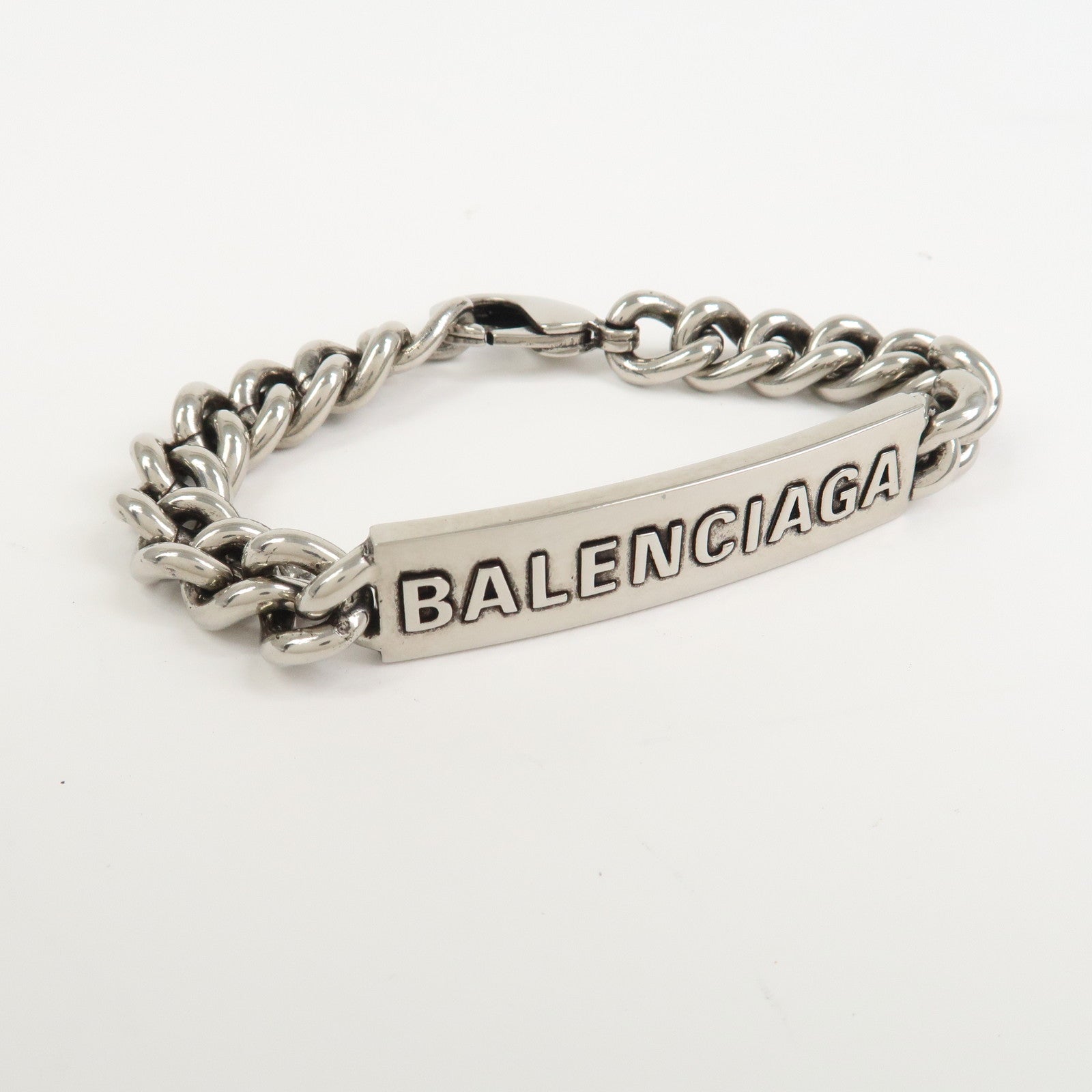 BALENCIAGA Logo Plate Metal Chain Bracelet Silver
