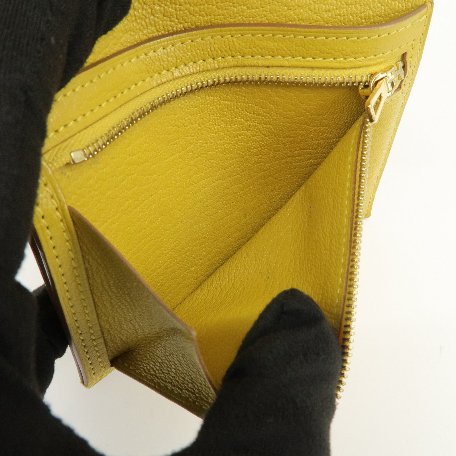 HERMES Leather Bearn Mini Compact Wallet D Stamped Yellow