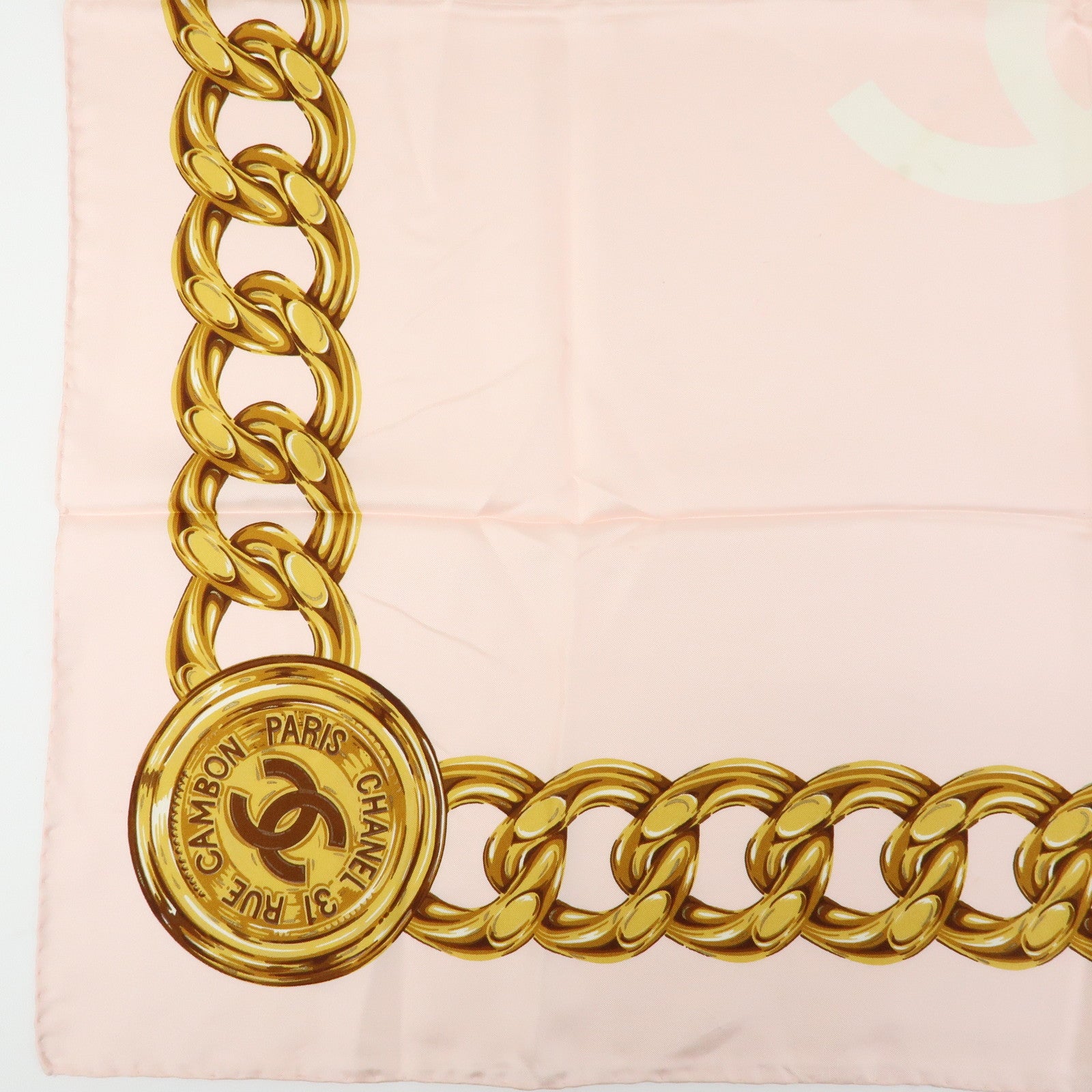 CHANEL COCO Mark Silk 100% Scarf Chain Pearl Motif Pink