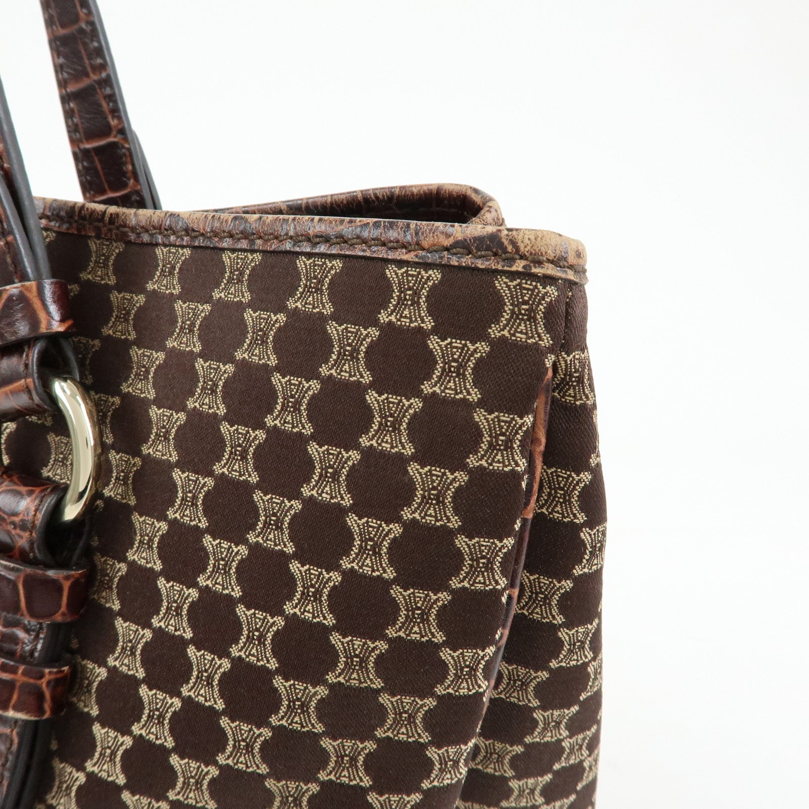 CELINE Macadam Embsossed Leather Canvas Tote Bag Hand Bag Brown