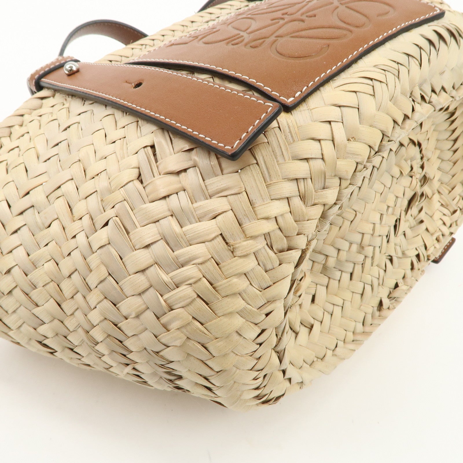 LOEWE Anagram Raffia Leather Basket Bag Hand Bag Natural Brown 2435