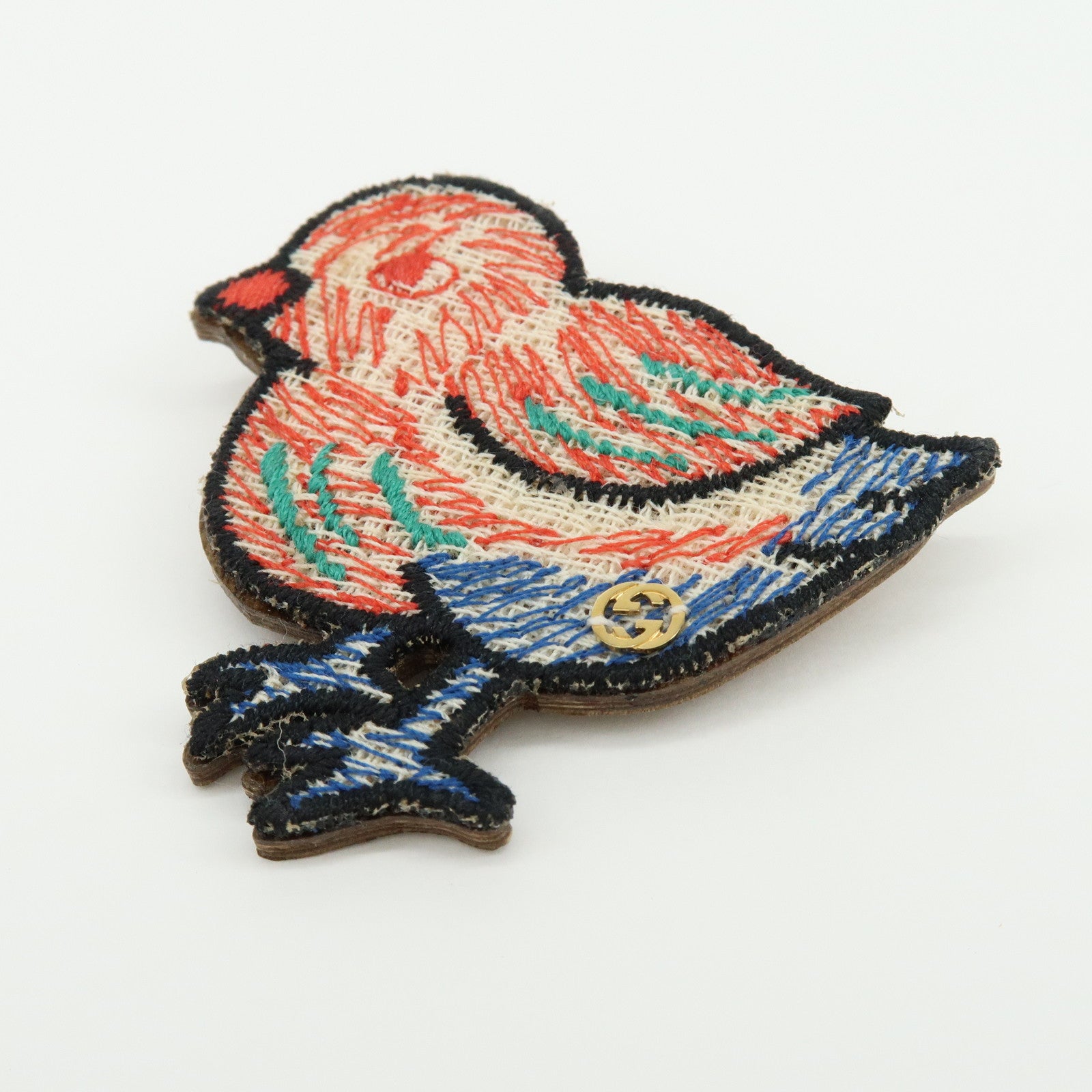 GUCCI Interlocking G Bird Motif Wood Brooch Breast Pin Red Blue