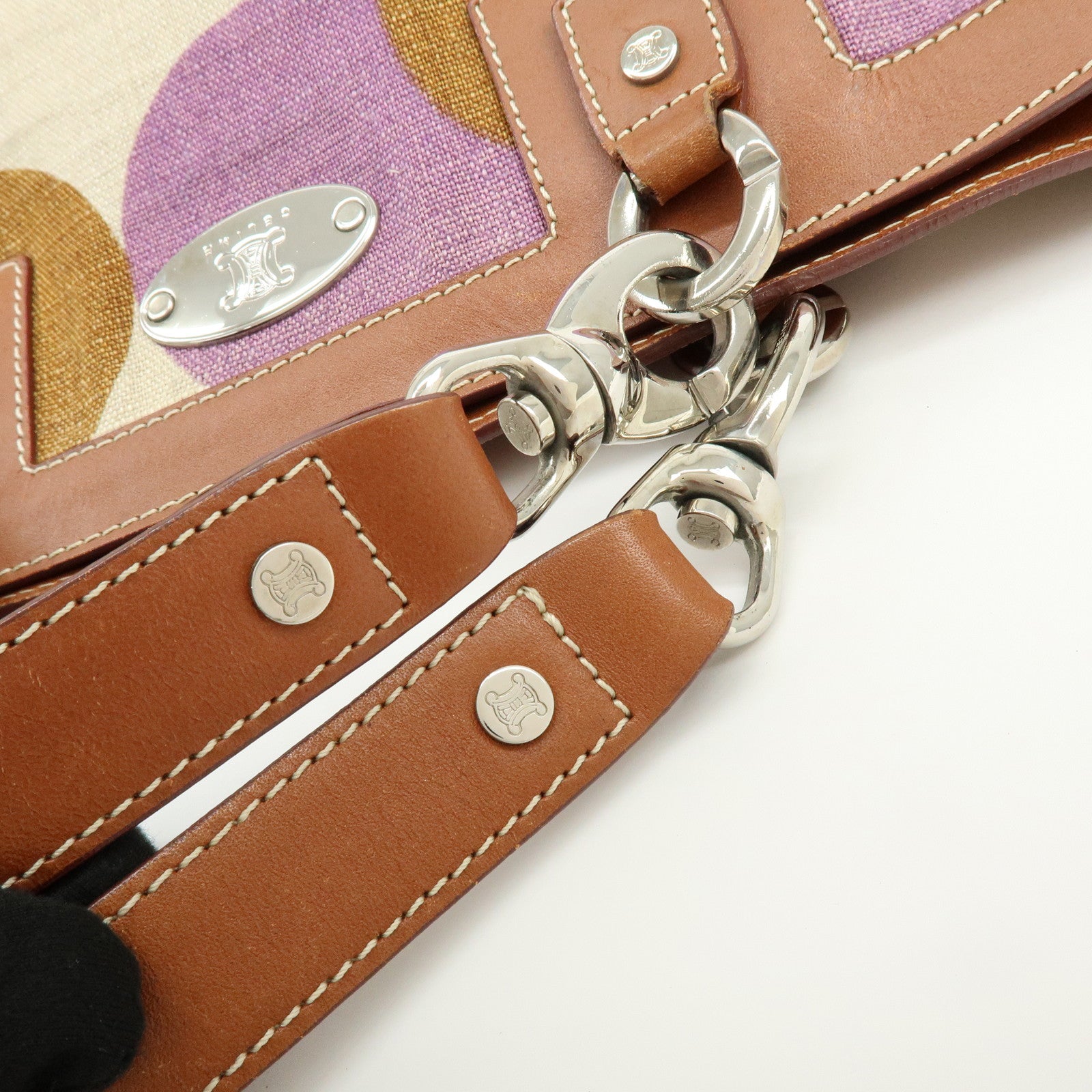 CELINE Flower Canvas Leather Tote Bag Shoulder Bag Brown Natural