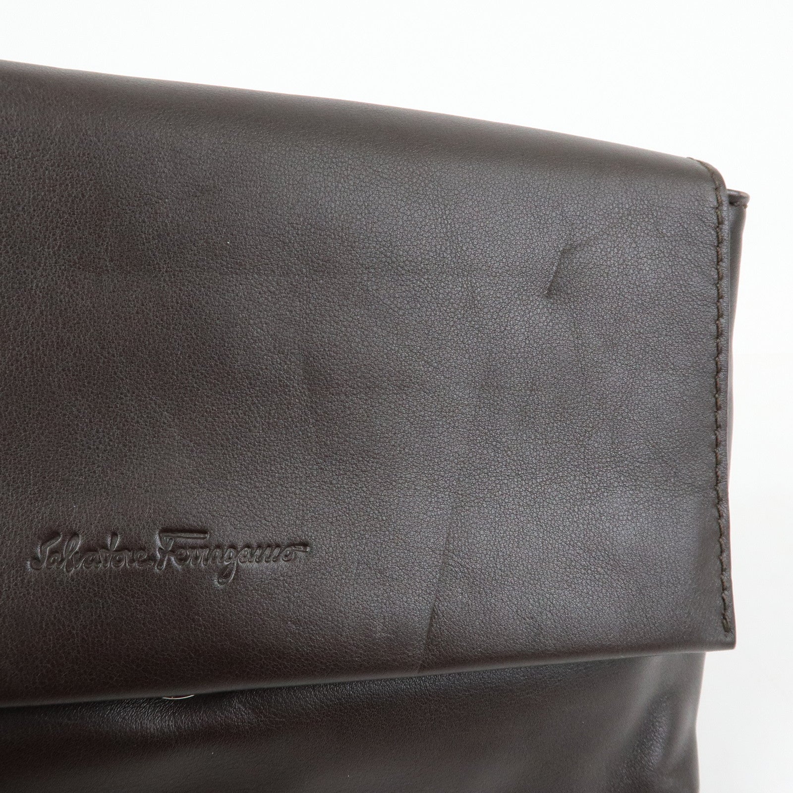 Ferragamo Leather Clutch Bag Second Bag Wrist Strap Brown