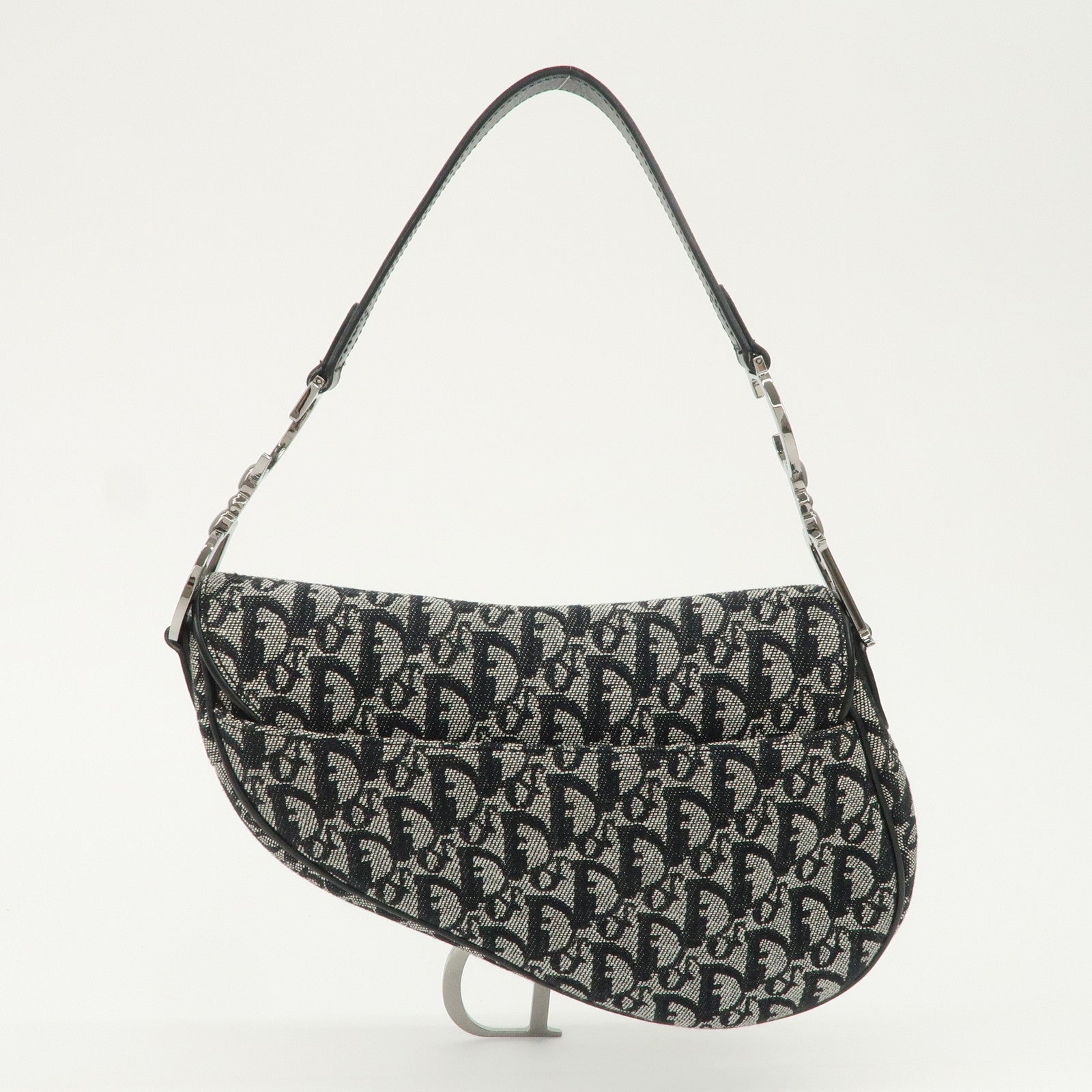 Christian Dior Trotter Canvas Leather Saddle Bag Hand Bag Black