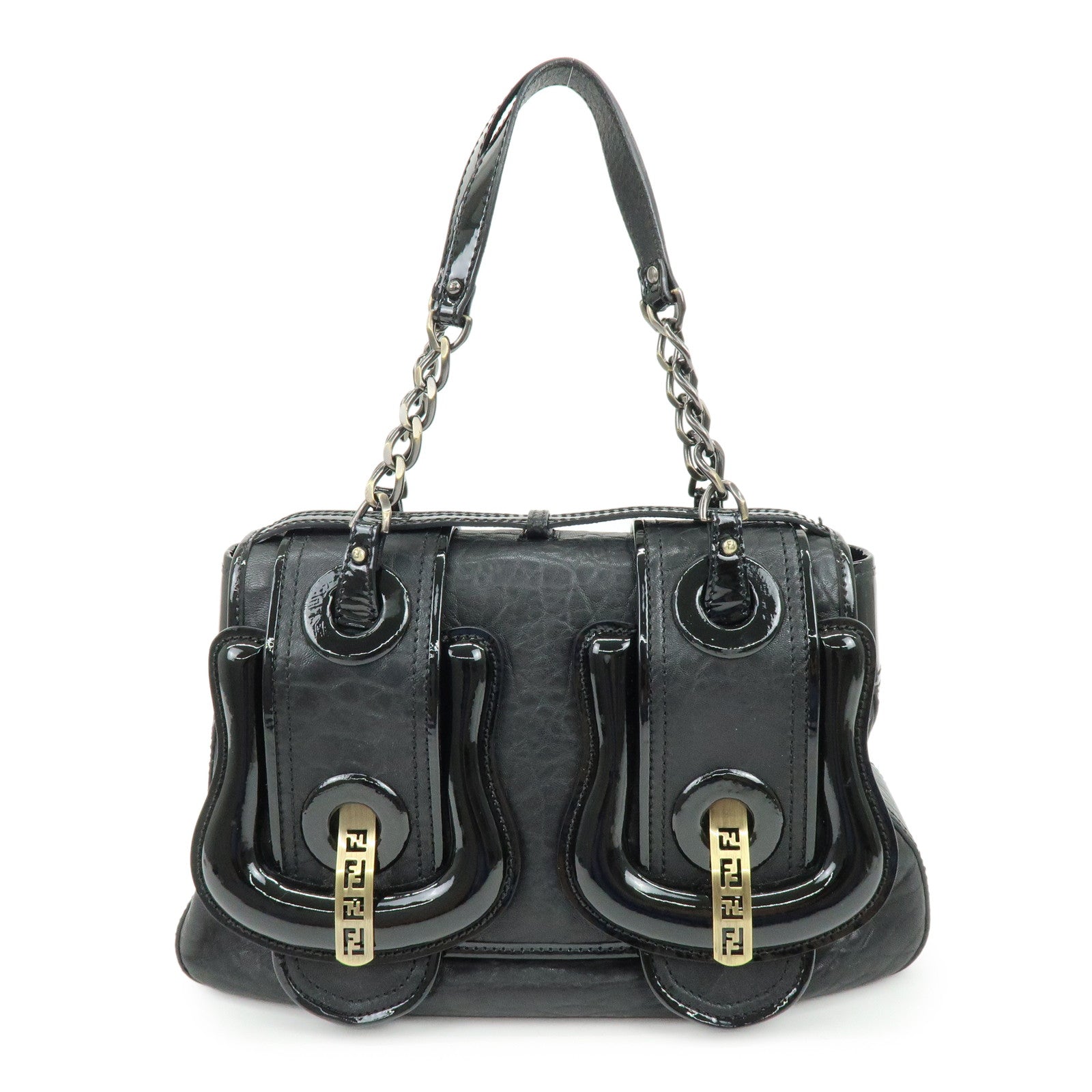 FENDI Patent Leather Chain Shoulder Bag Hand Bag Black 8BN165