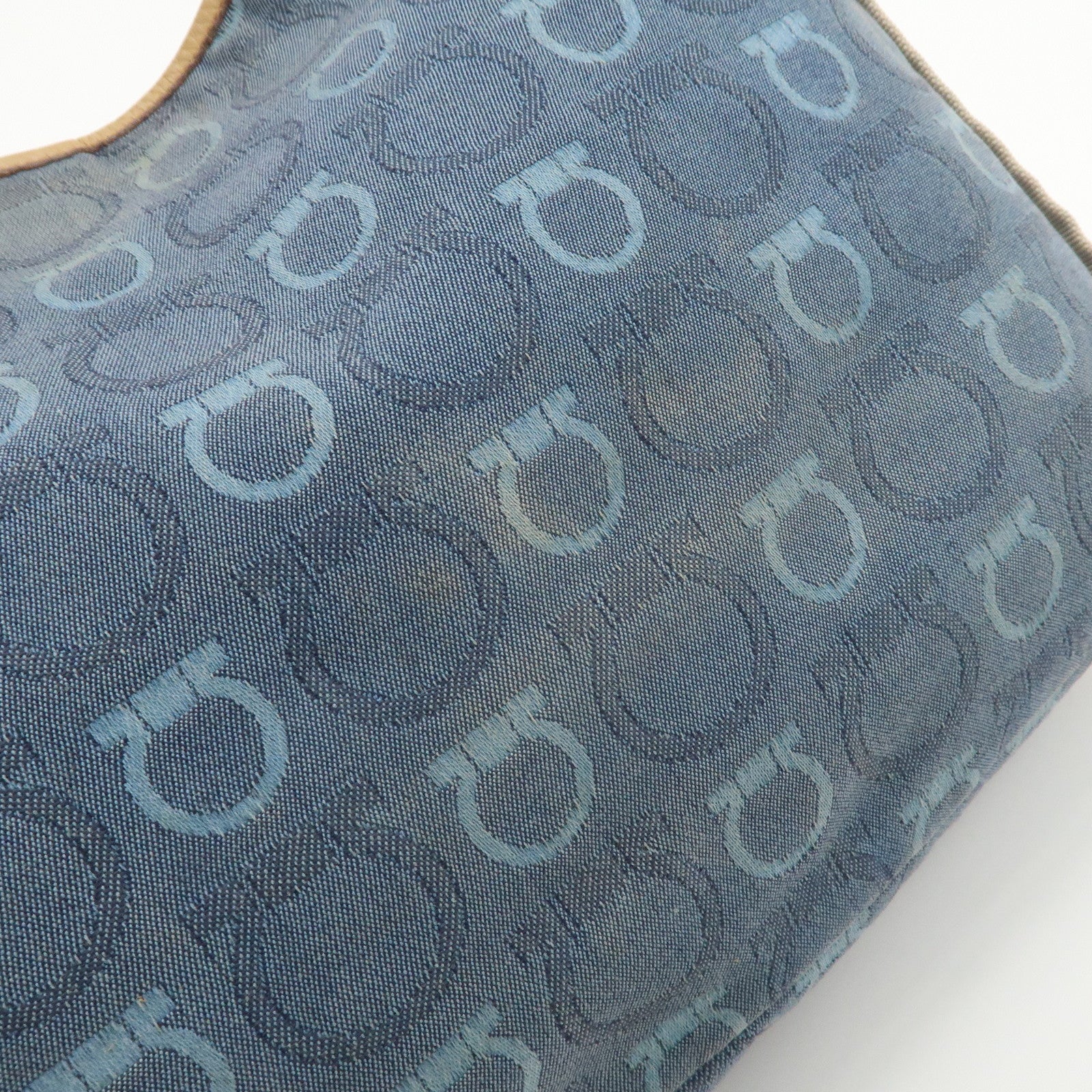 Ferragamo Gancini Canvas Leather Shoulder Bag Hand Bag Blue Beige