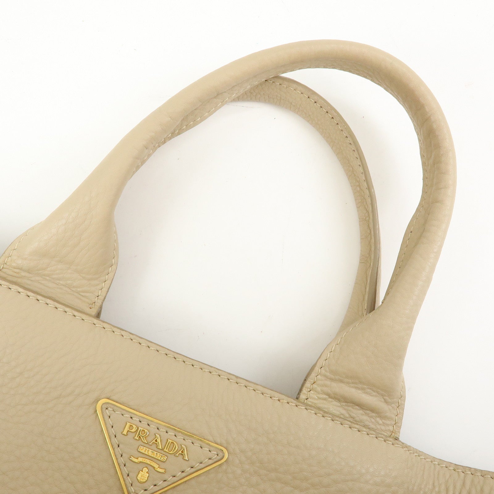 PRADA Triangle Logo Canapa Vittello Daino Leather Hand Bag Beige