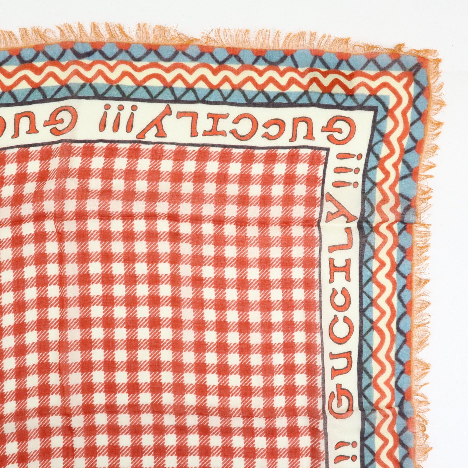 GUCCI Rayon Silk Scarf 5 Cats Print Gingham Red