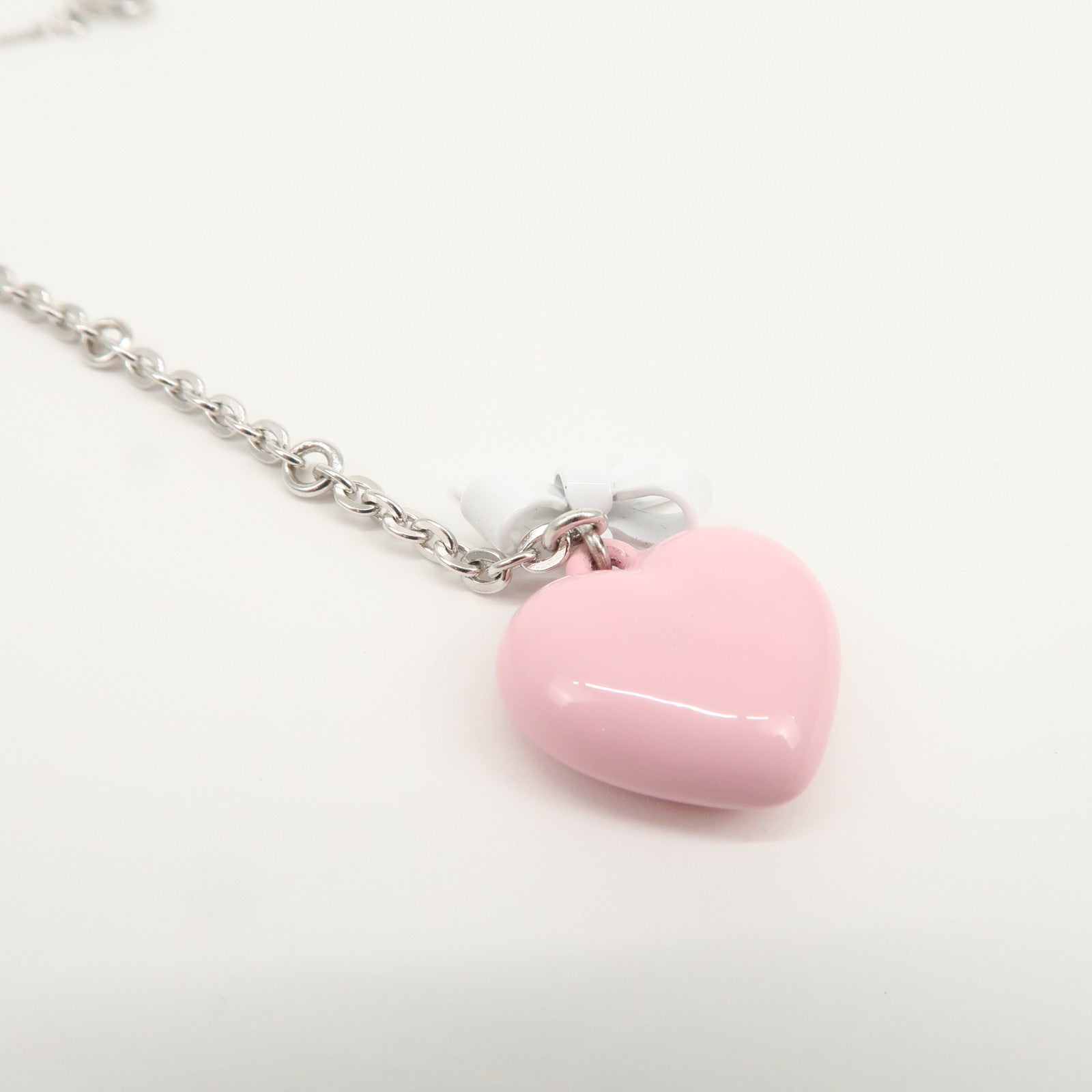 Christian Dior Metal Ring Ribbon Heart Motif Bracelet Silver Pink