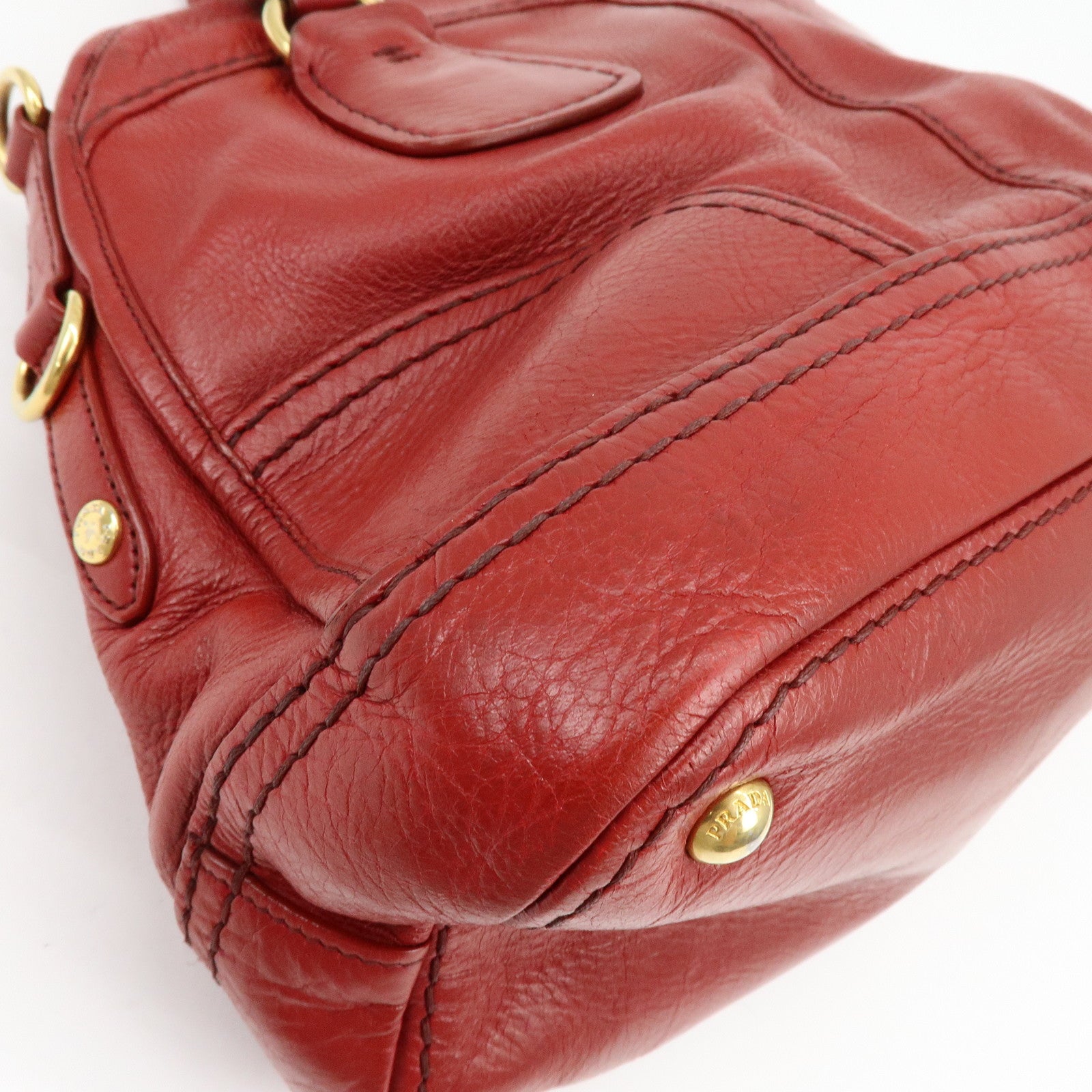 PRADA Cervo Shine Leather Bowler Bag 2Way Tote Bag Red BL0688