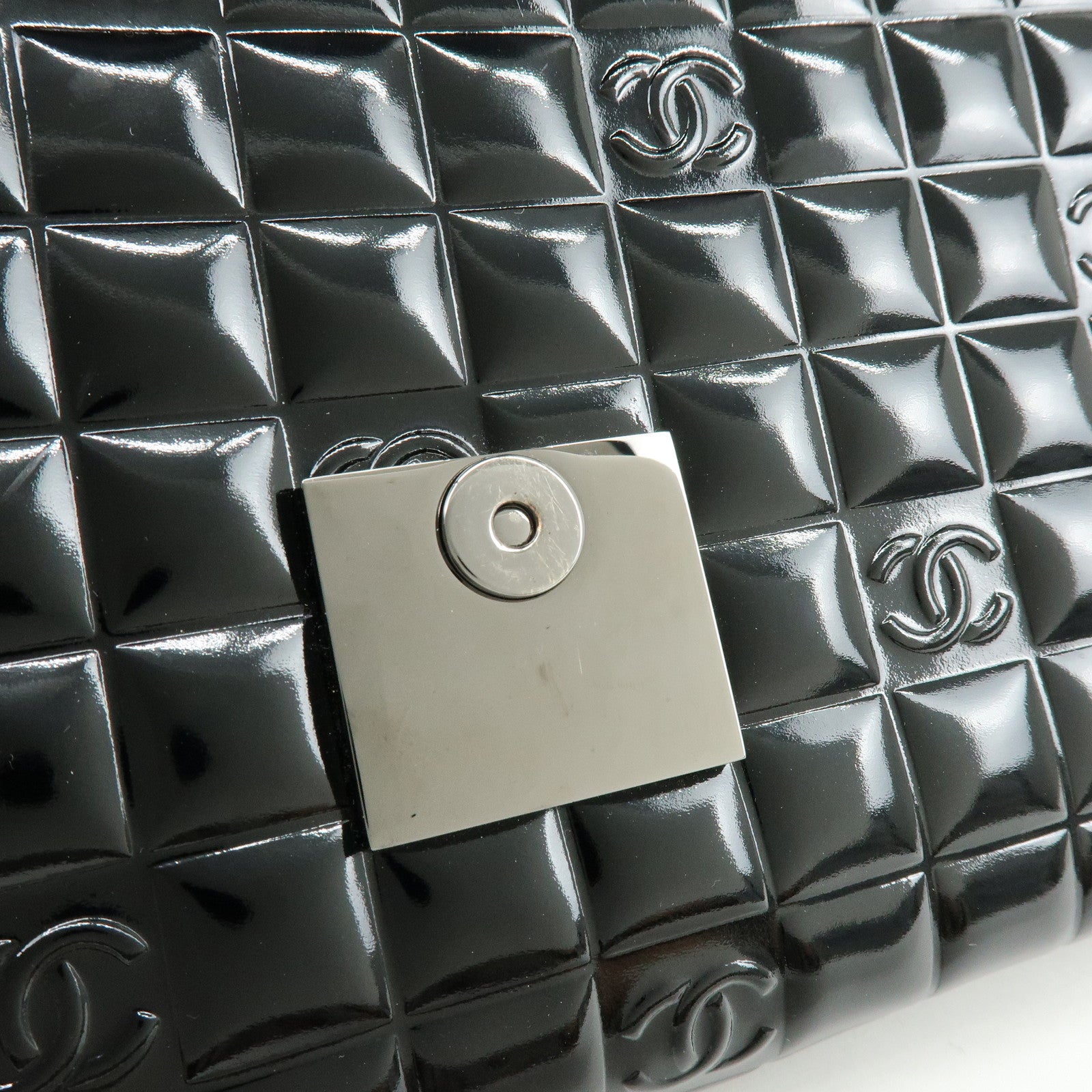 CHANEL Chocolate Bar COCO Mark Patent Leather Hand Bag Black