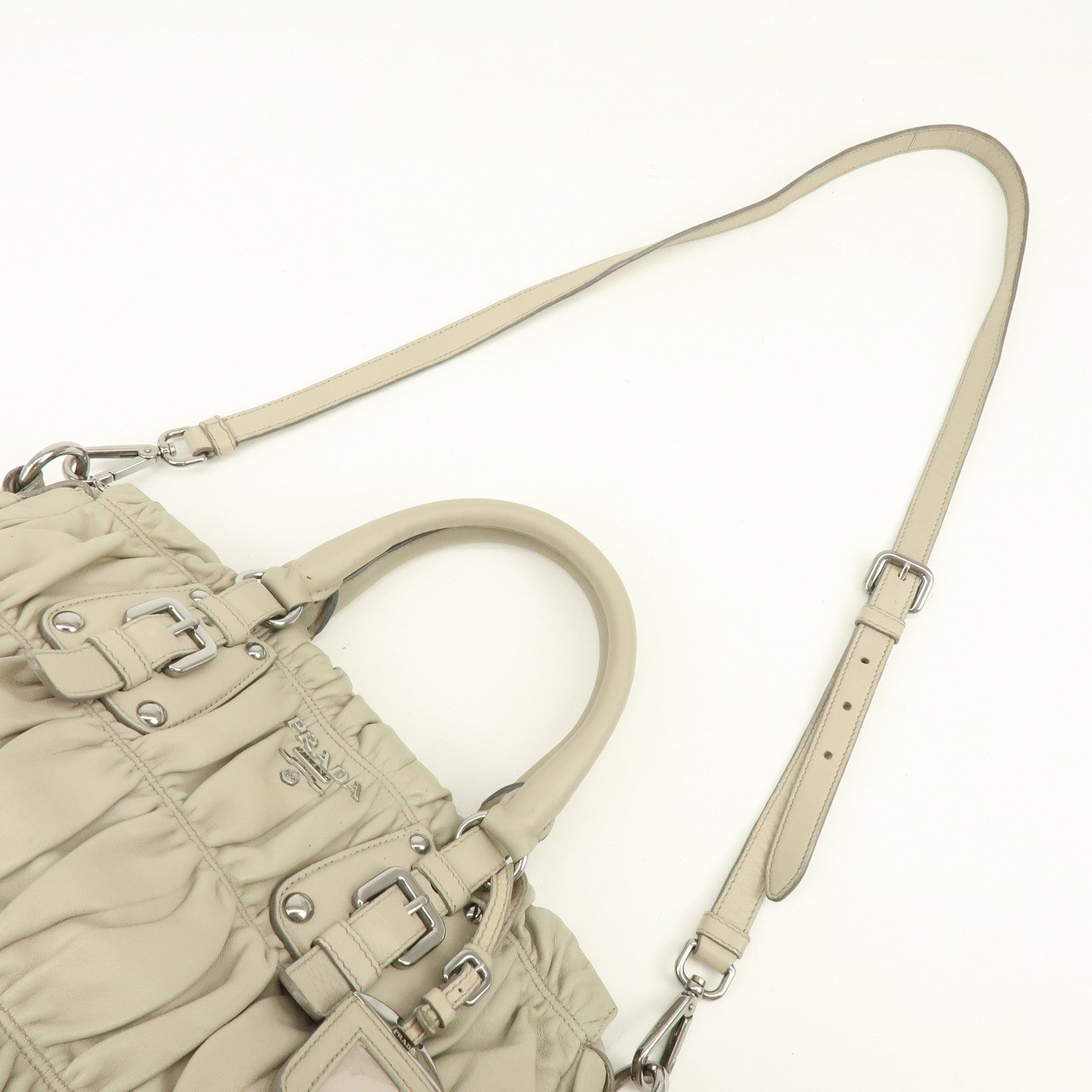 PRADA Leather 2Way Bag Hand Bag Shoulder Bag Beige