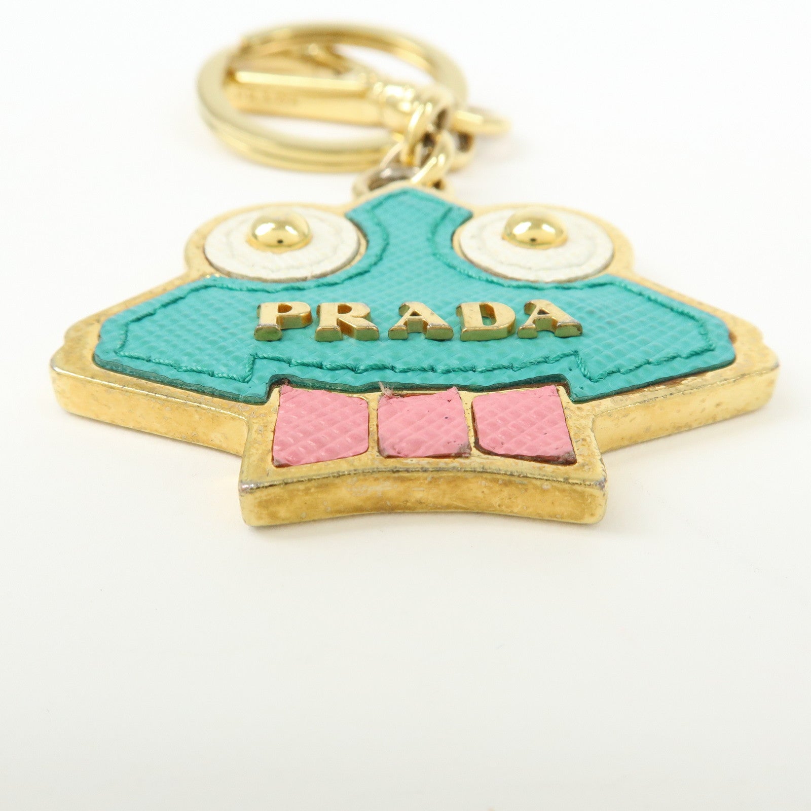 PRADA Saffiano Leather Metal Bag Charm Key Chain Green Pink Gold