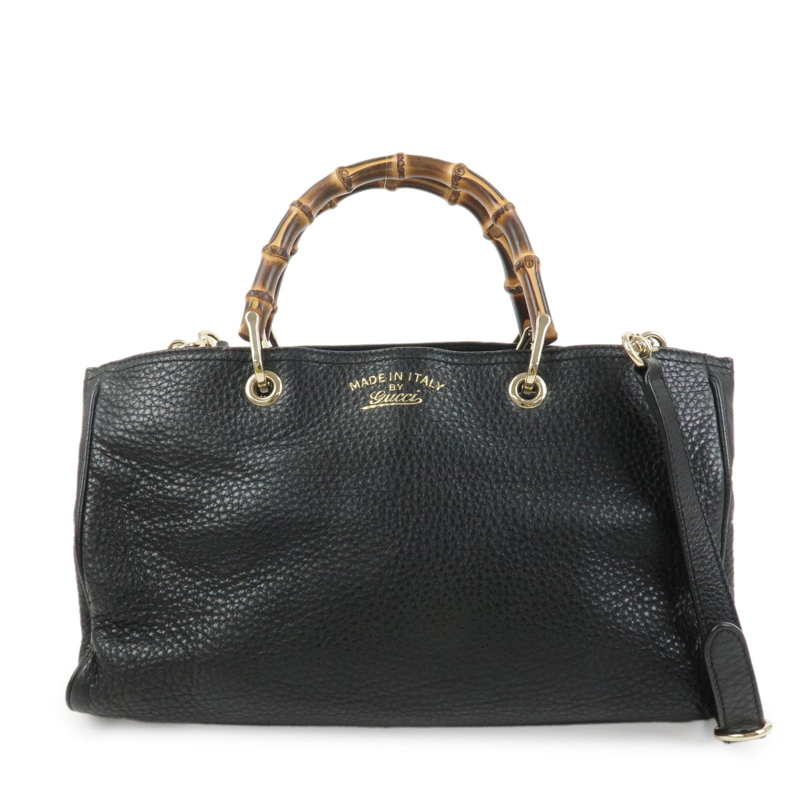 GUCCI Bamboo Shopper Medium Leather 2Way Shoulder Bag Black 323660