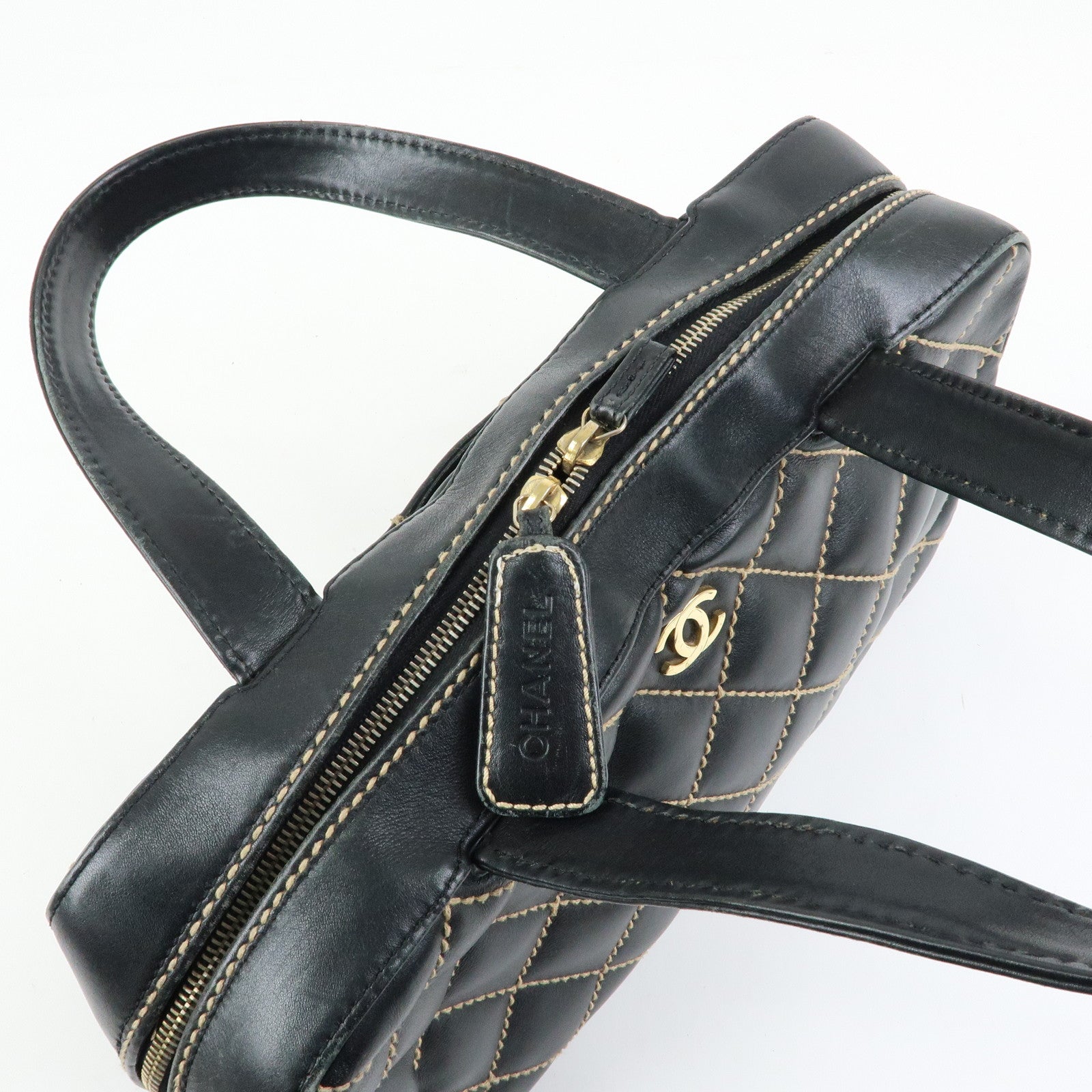 CHANEL Wild Stitch COCO Mark Calf Leather Boston Bag Black A18121