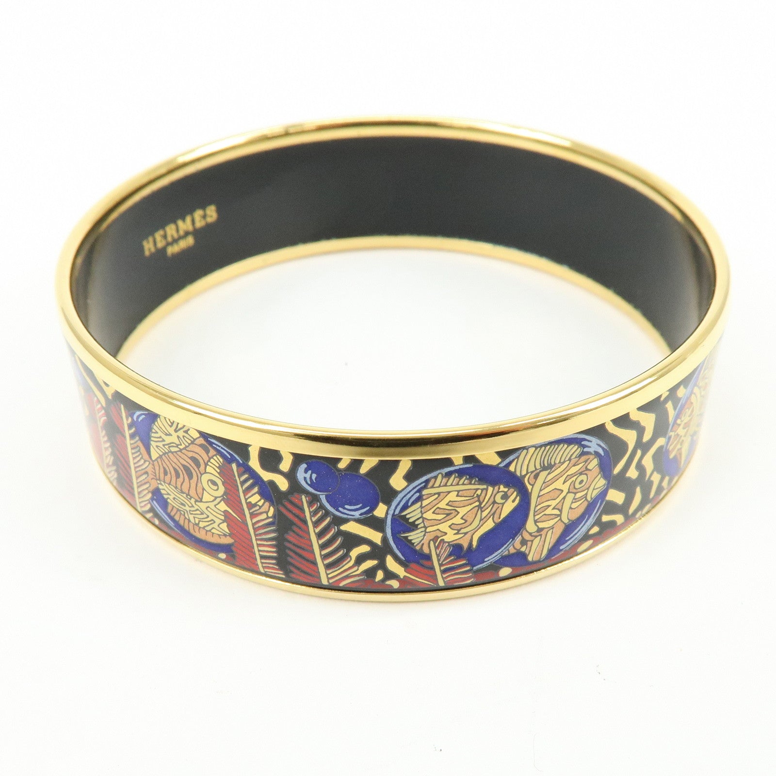 HERMES Email GM Gold Plated Bangle Bracelet Black Gold