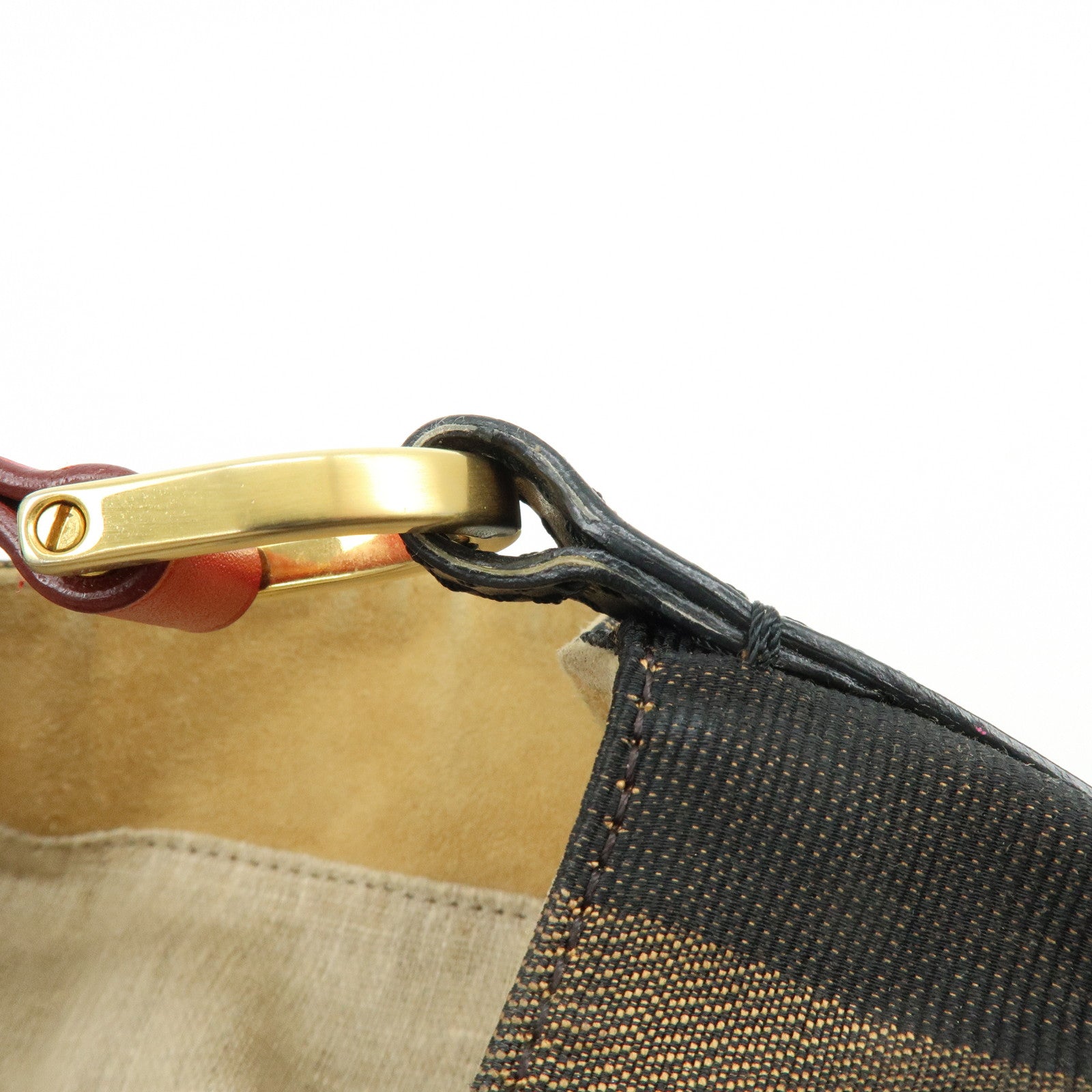 FENDI Pequin Canvas Leather Shoulder Bag Hand Bag Brown Red 8BR653