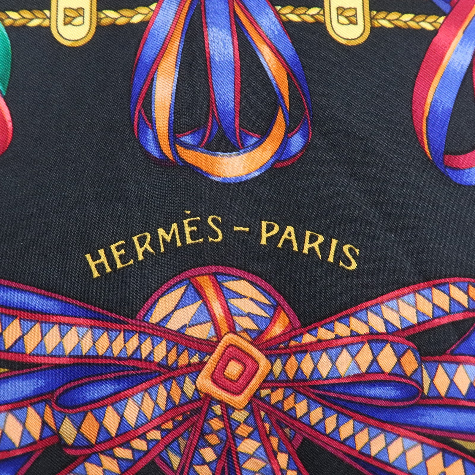 HERMES Carre90 Silk 100% Scarf Black Yellow Used
