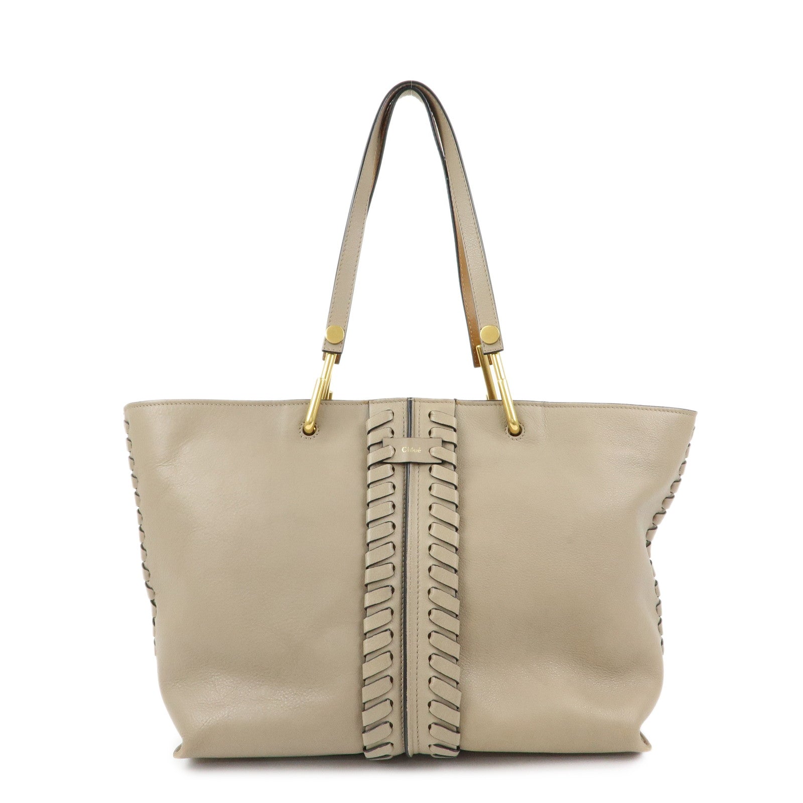 Chloe Leather Whipstitch Tote Bag Shoulder Bag Greige Beige