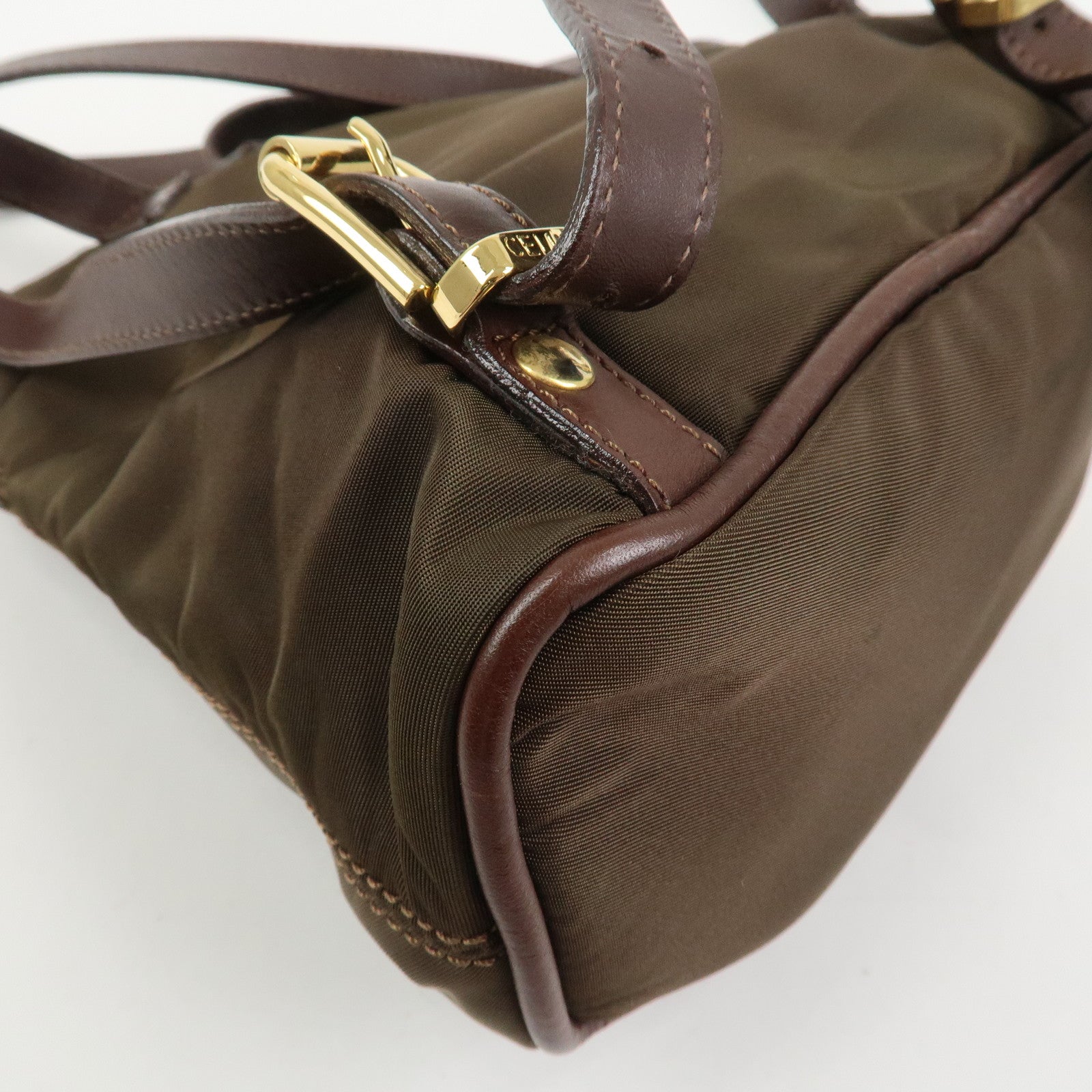 CELINE Logo Nylon Leather Backpack Ruck Sack Brown