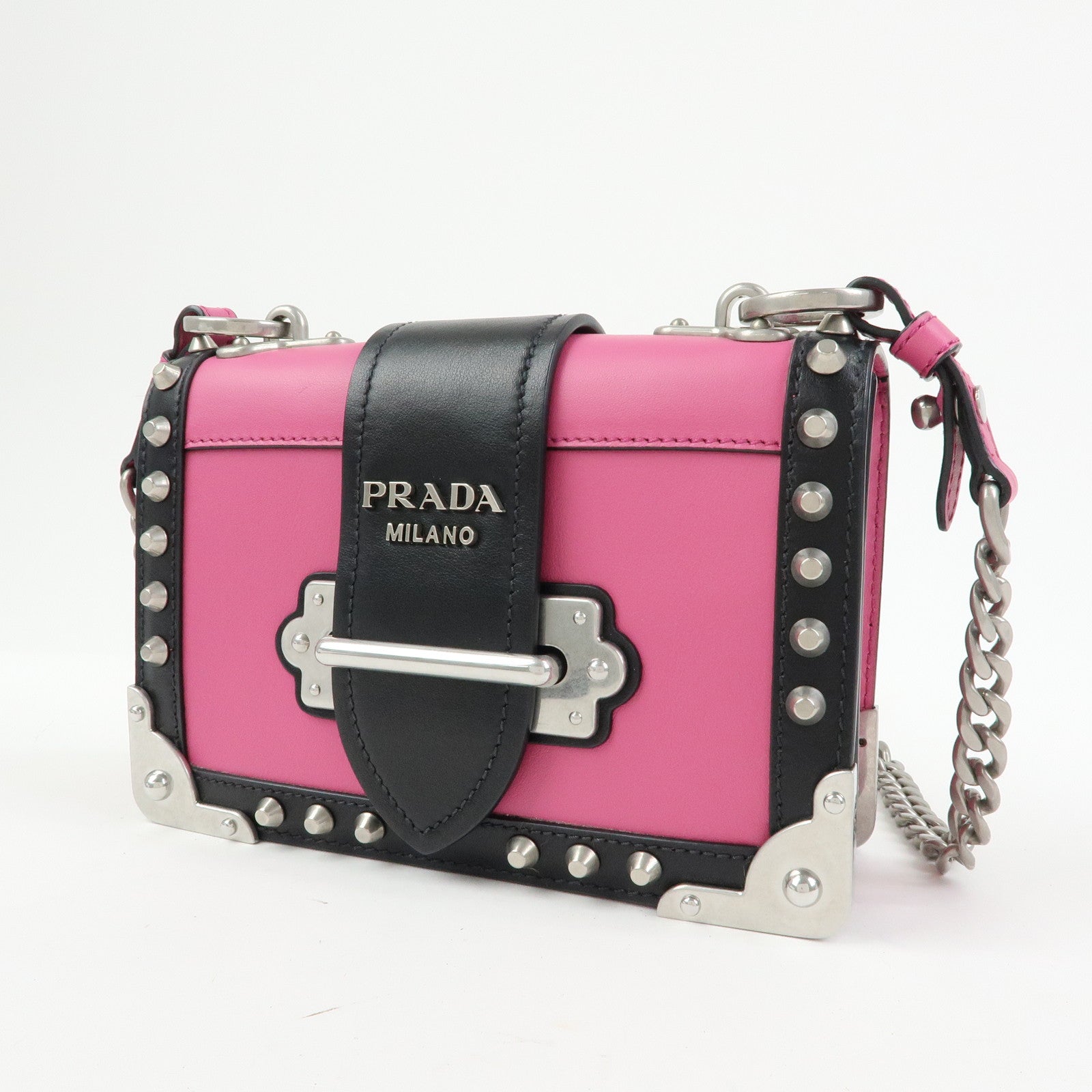 PRADA Cahier Calf Leather Studs Shoulder Bag Pink Black 1BH018
