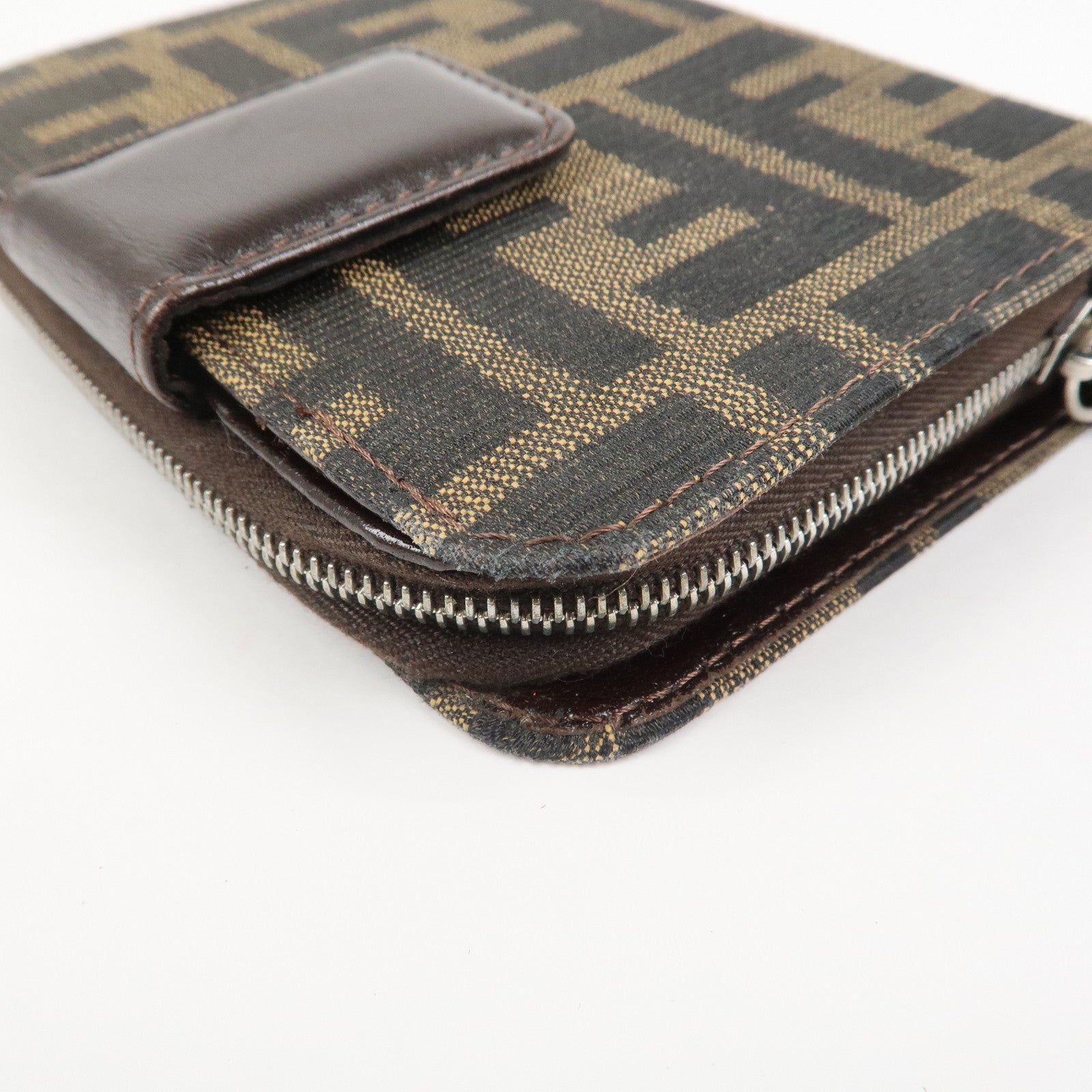 FENDI Zucca Canvas Leather Bi-fold Compact Wallet Brown Black 16348