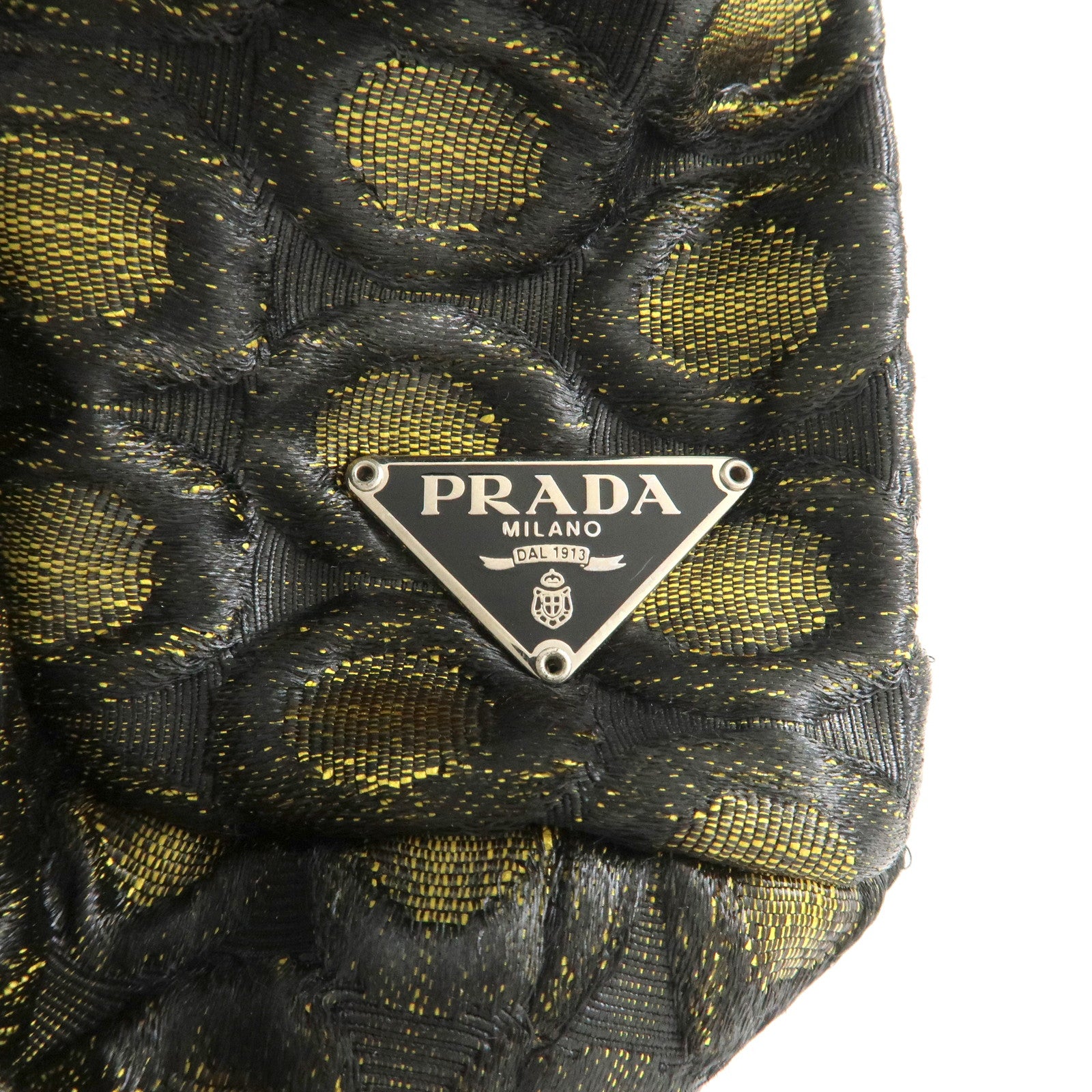 PRADA Triangle Logo Nylon Leather Ribbon Hand Bag Black Yellow