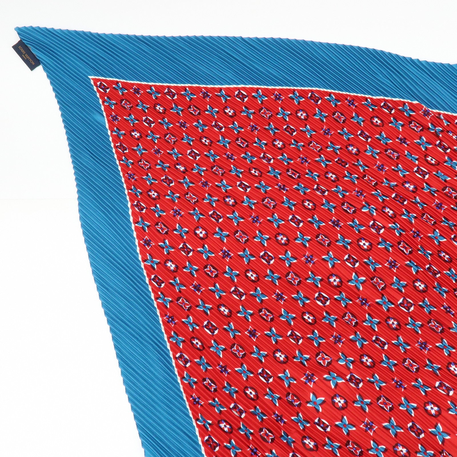 Louis Vuitton Monogram Silk 100% Pleated Scarf Red Blue M73846