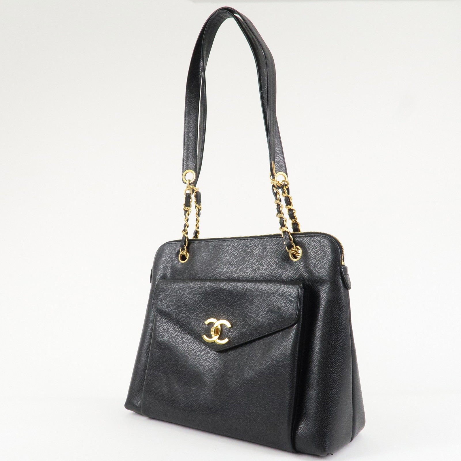 CHANEL Caviarskin COCO Mark Turnlock Chain Shoulder Bag Black Gold HDW Used