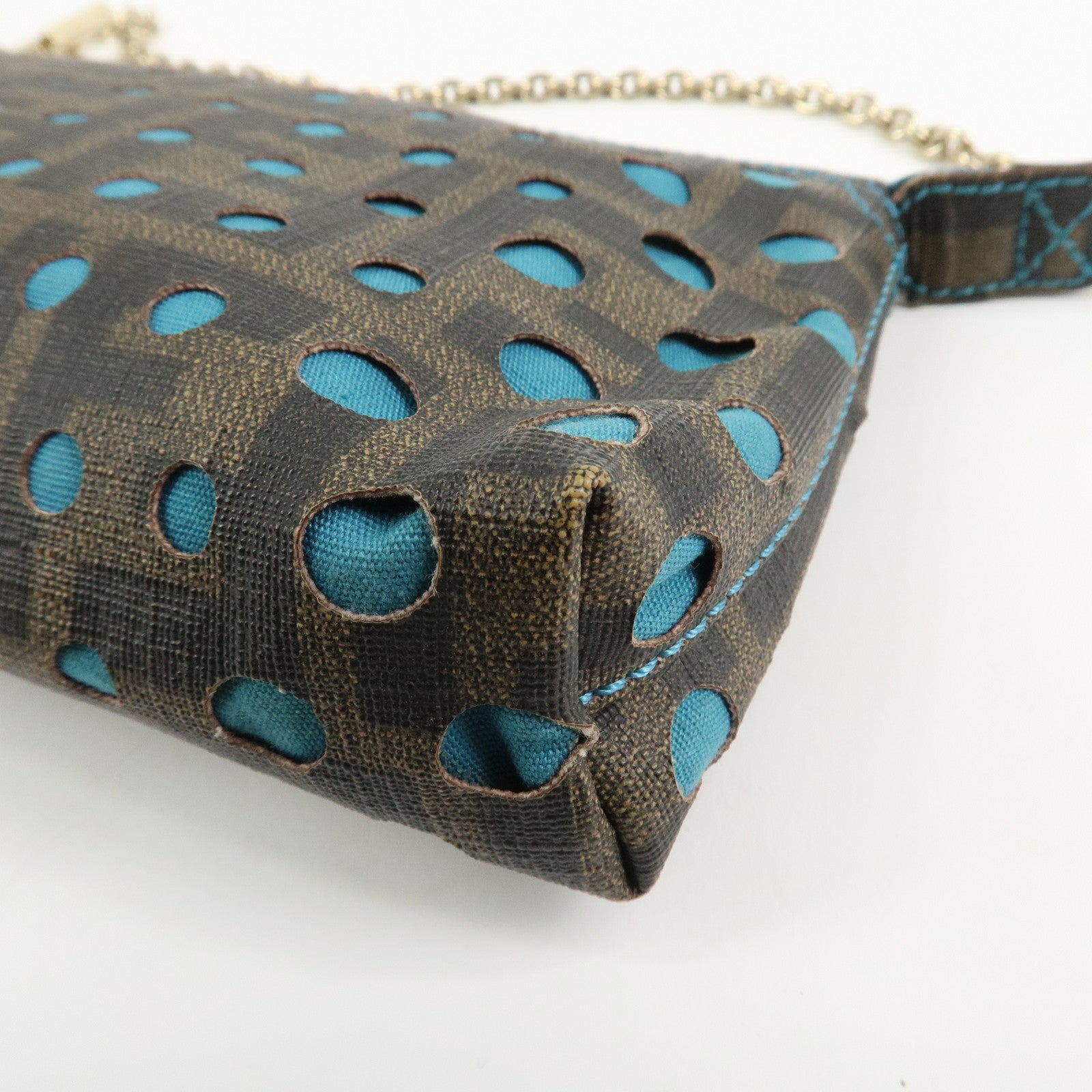 FENDI Zucca PVC Canvas Chain Accessory Pouch Brown Blue 8BR592