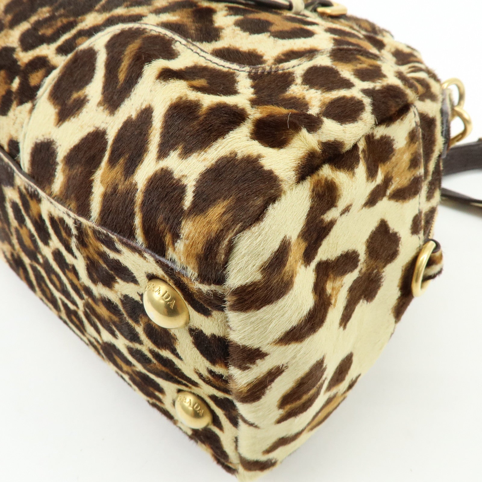 PRADA Pony Hair Leopard 2Way Boston Bag Shoulder Bag Brown BL0429