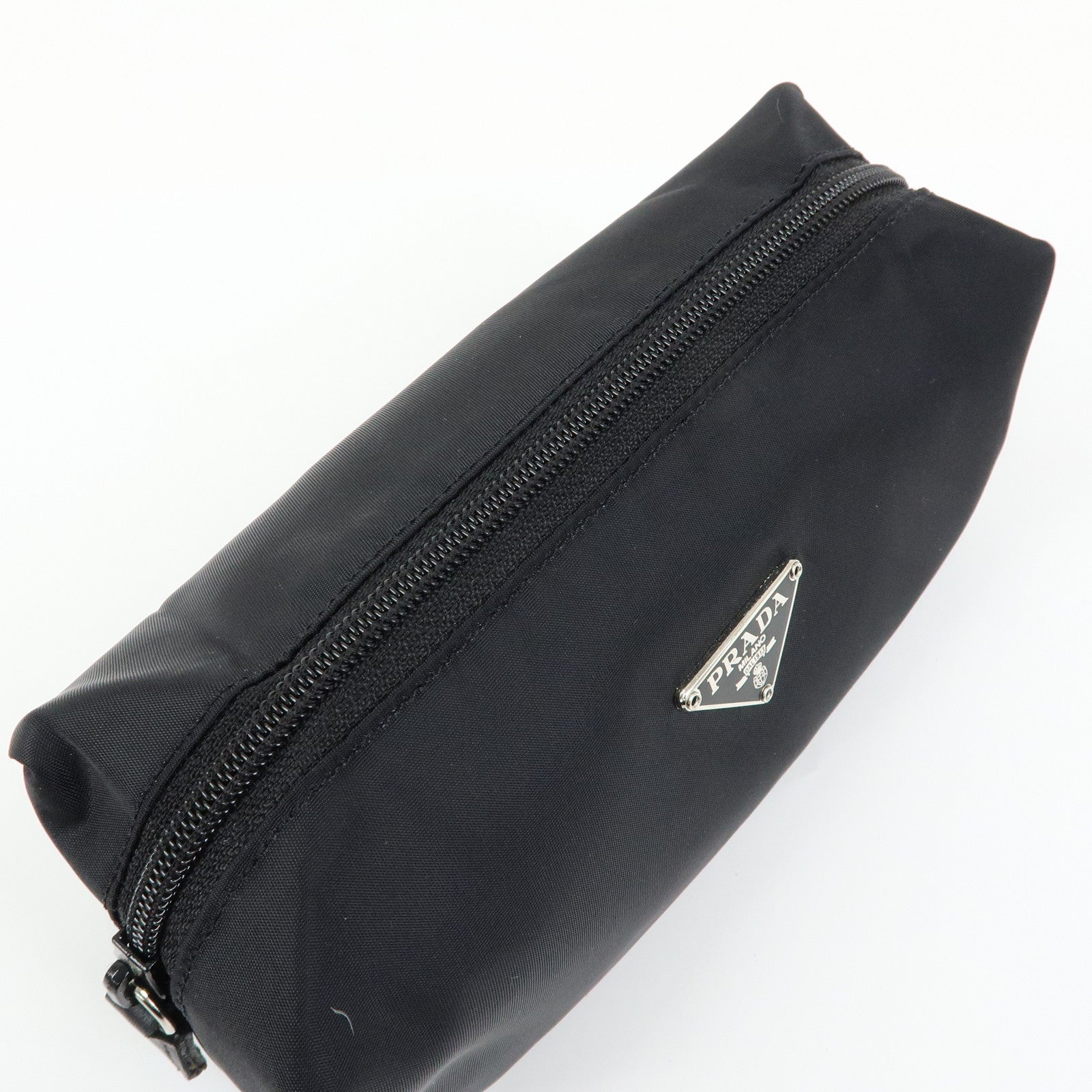PRADA Triangle Logo Nylon Cosmetic Pouch Makeup Bag Black