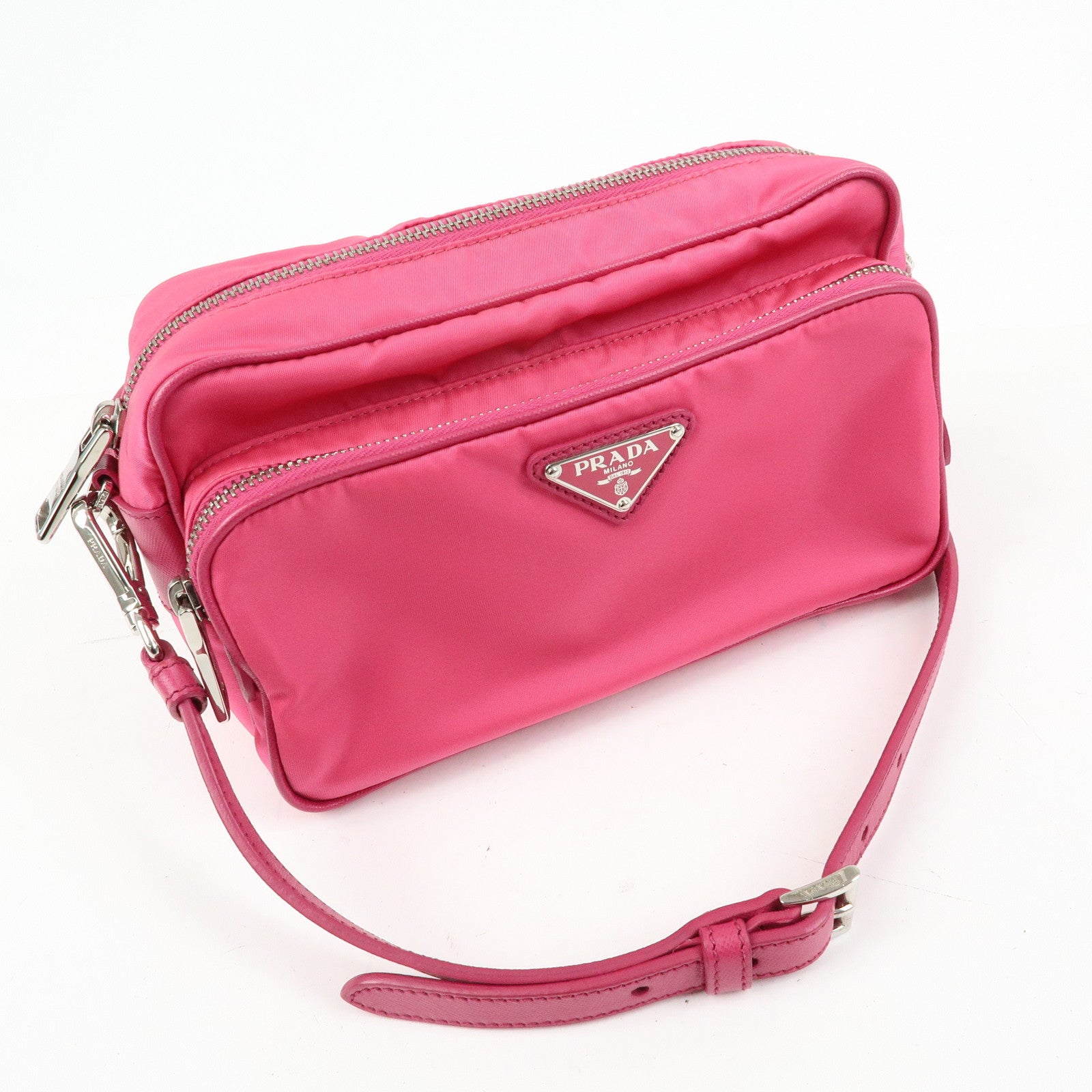 PRADA Triangle Logo Nylon Saffiano Leather Shoulder Bag Pink BT1010
