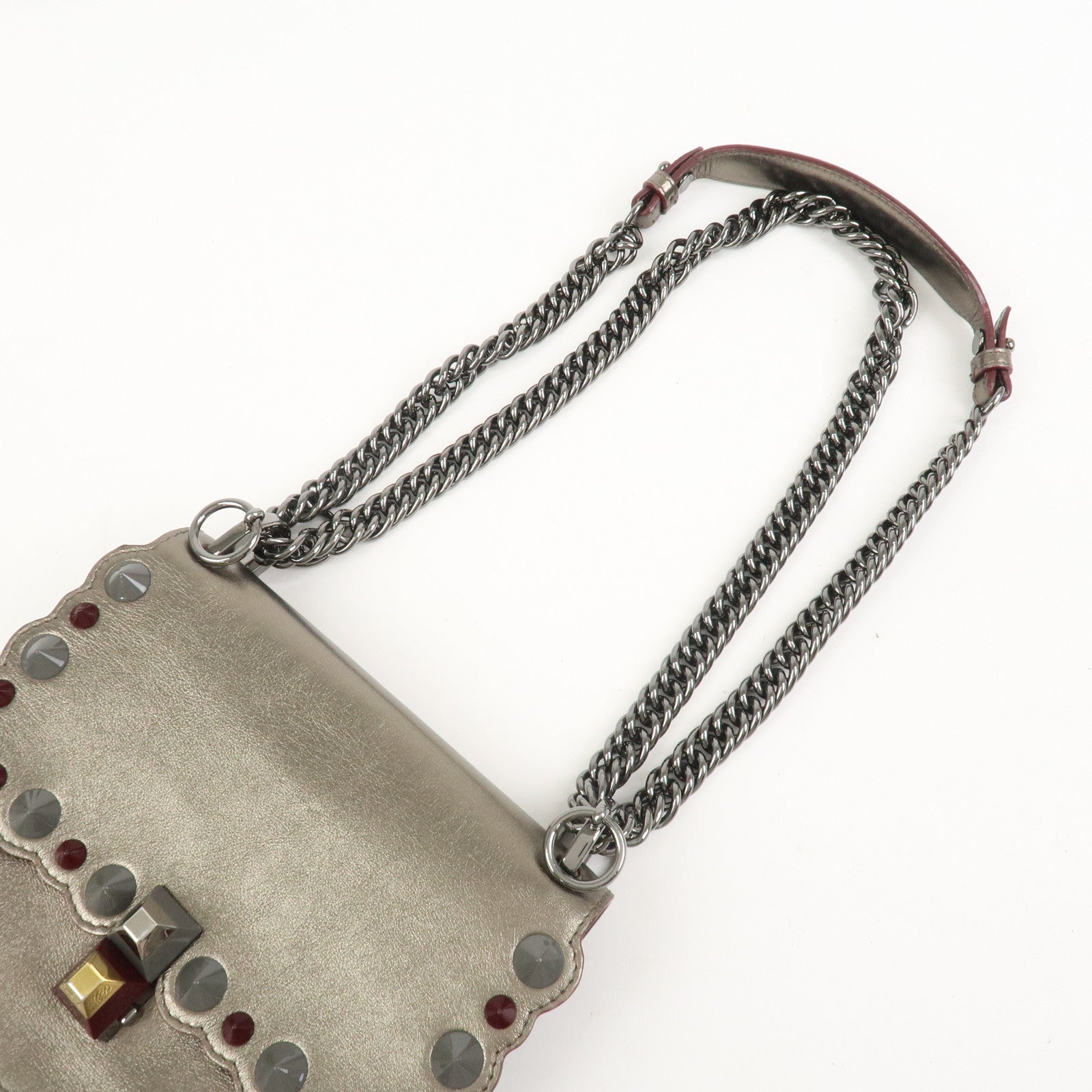 FENDI Mini Kan I Leather Chain Shoulder Bag Metallic Gray 8M0381
