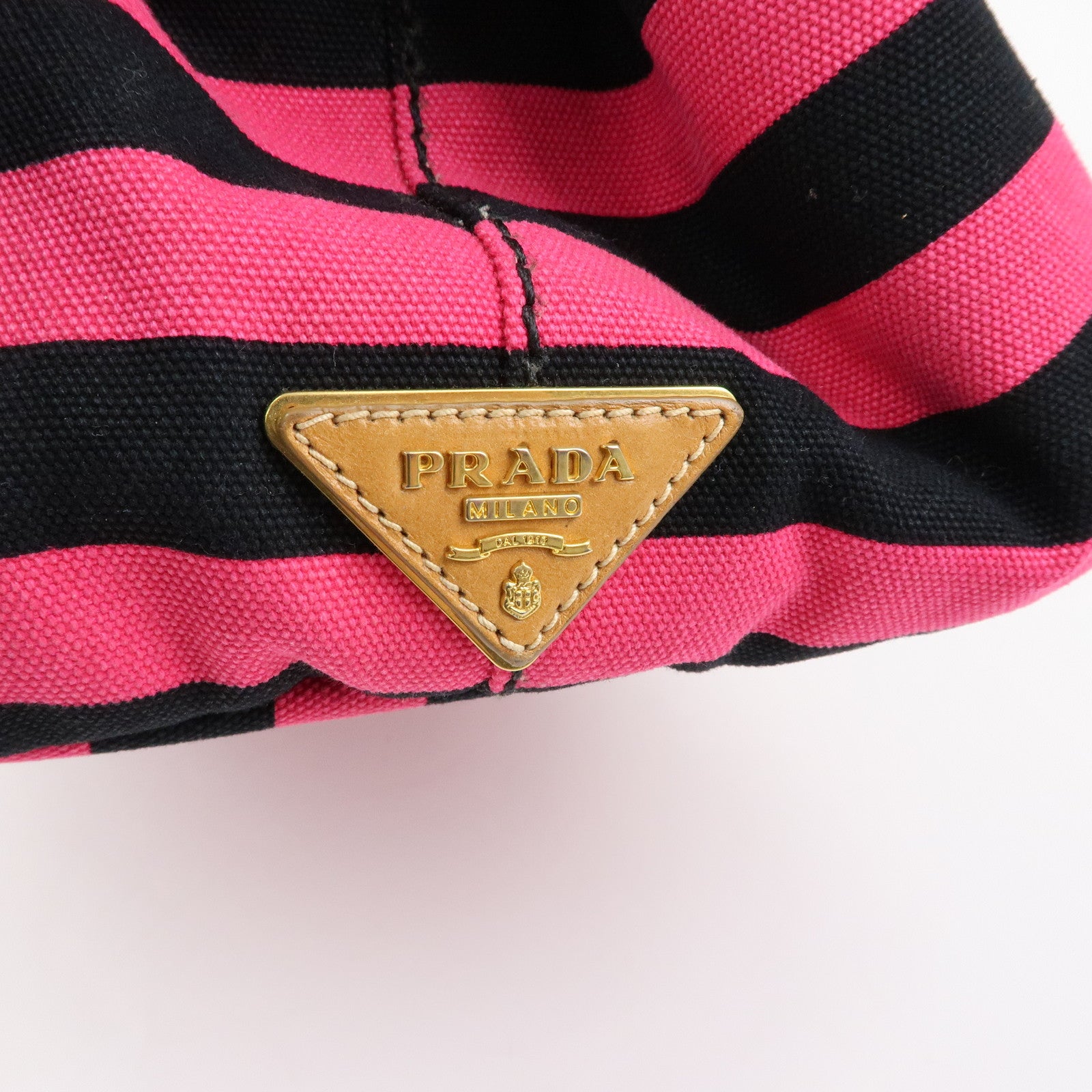 PRADA Canapa Large Triangle Logo Tote Bag Striped Pink Black B1872B