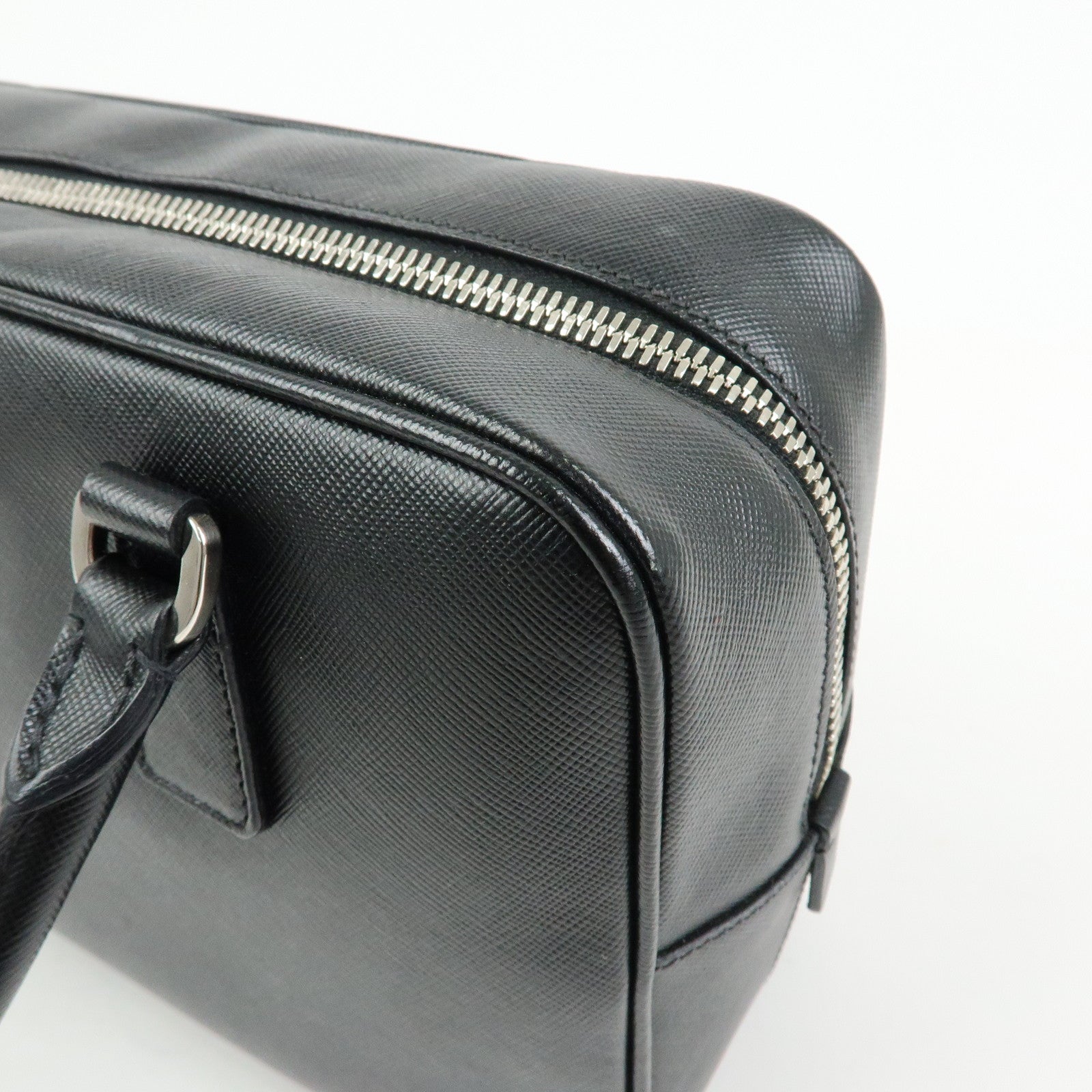 PRADA Triangle Logo Saffiano Leather Hand Bag Boston Bag Black