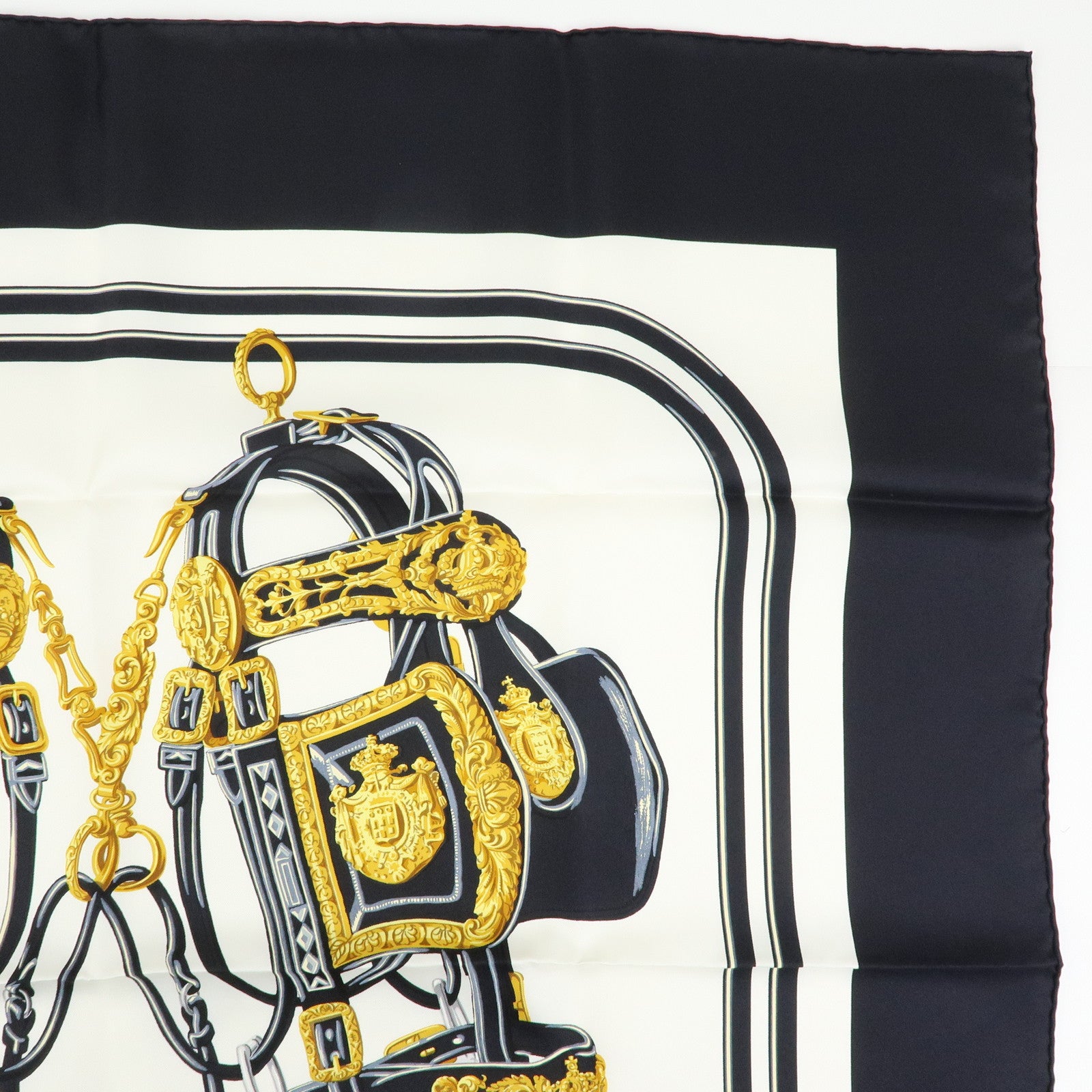 HERMES Carre 90 Silk 100% Scarf BRIDES DE GALA Black Gold