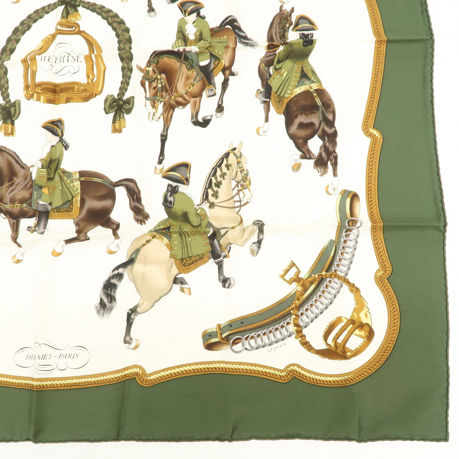 HERMES Carre 90 Silk 100% Scarf REPRISE Brown Khaki White Used