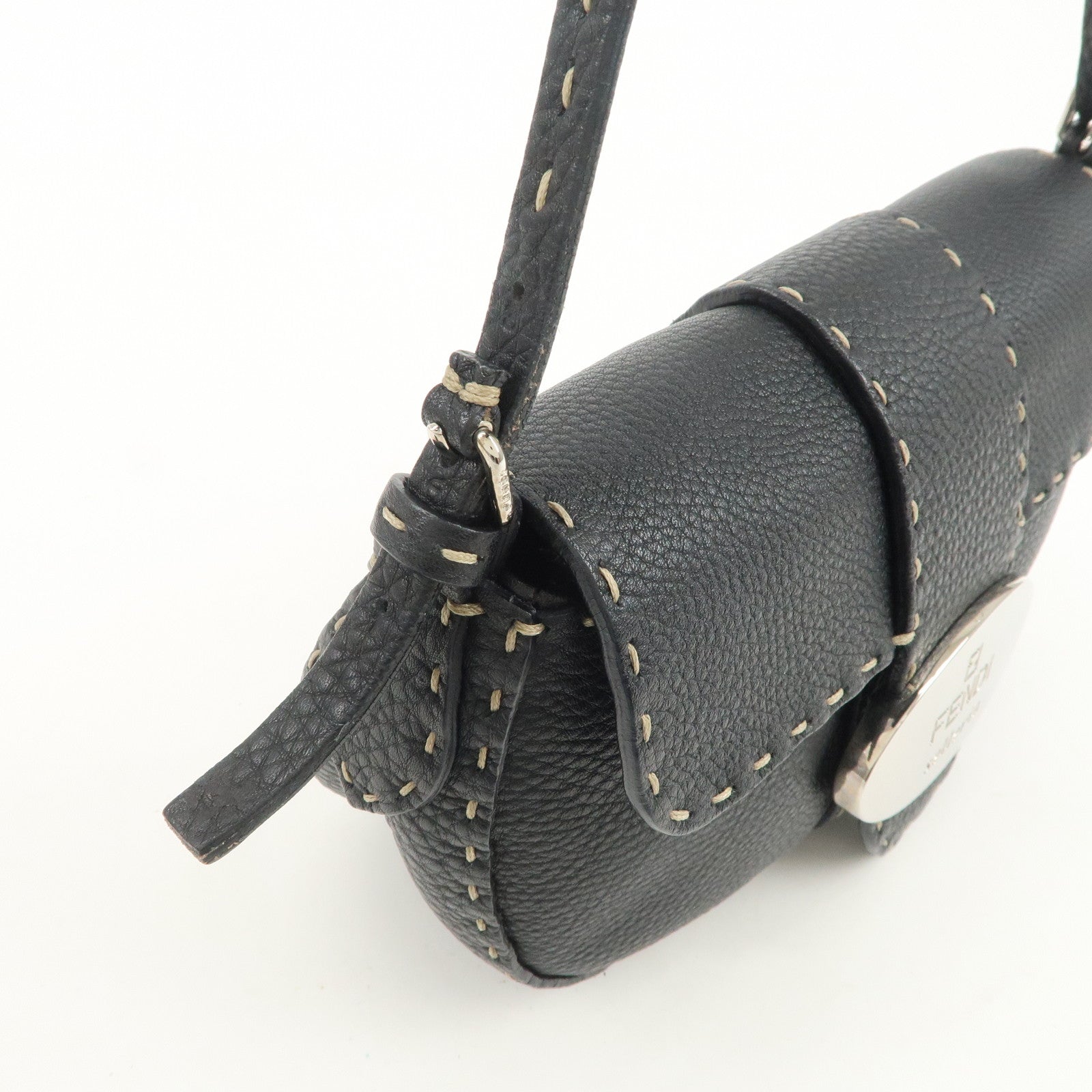 FENDI Seleria Leather Hand Bag Shoulder Bag Black 8BR430