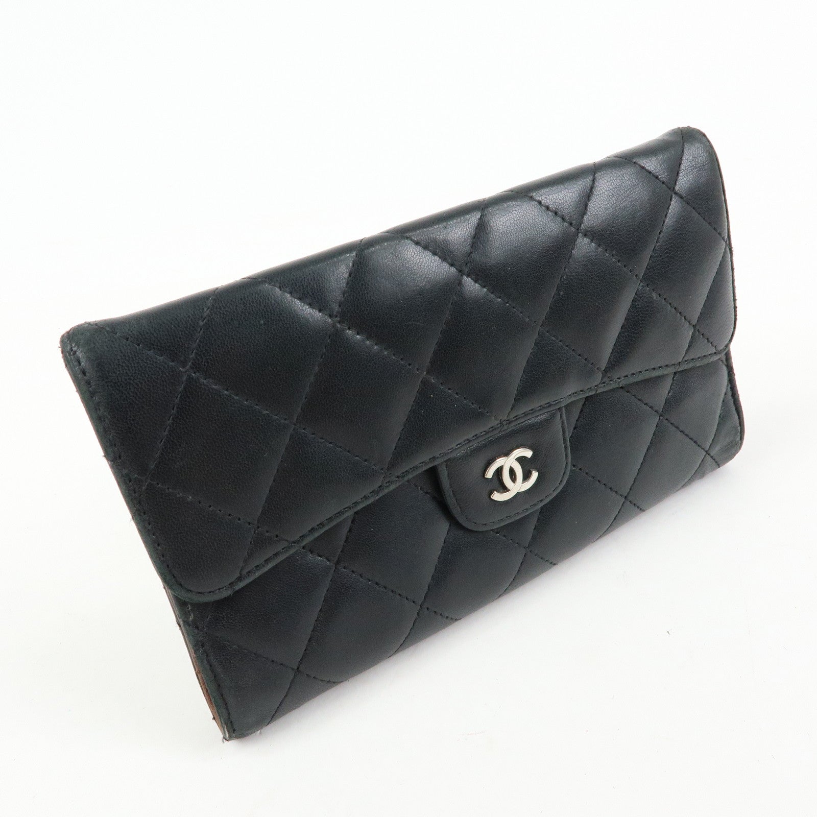 CHANEL Matelasse Lamb Skin Long Flap Wallet Black Silver A82281