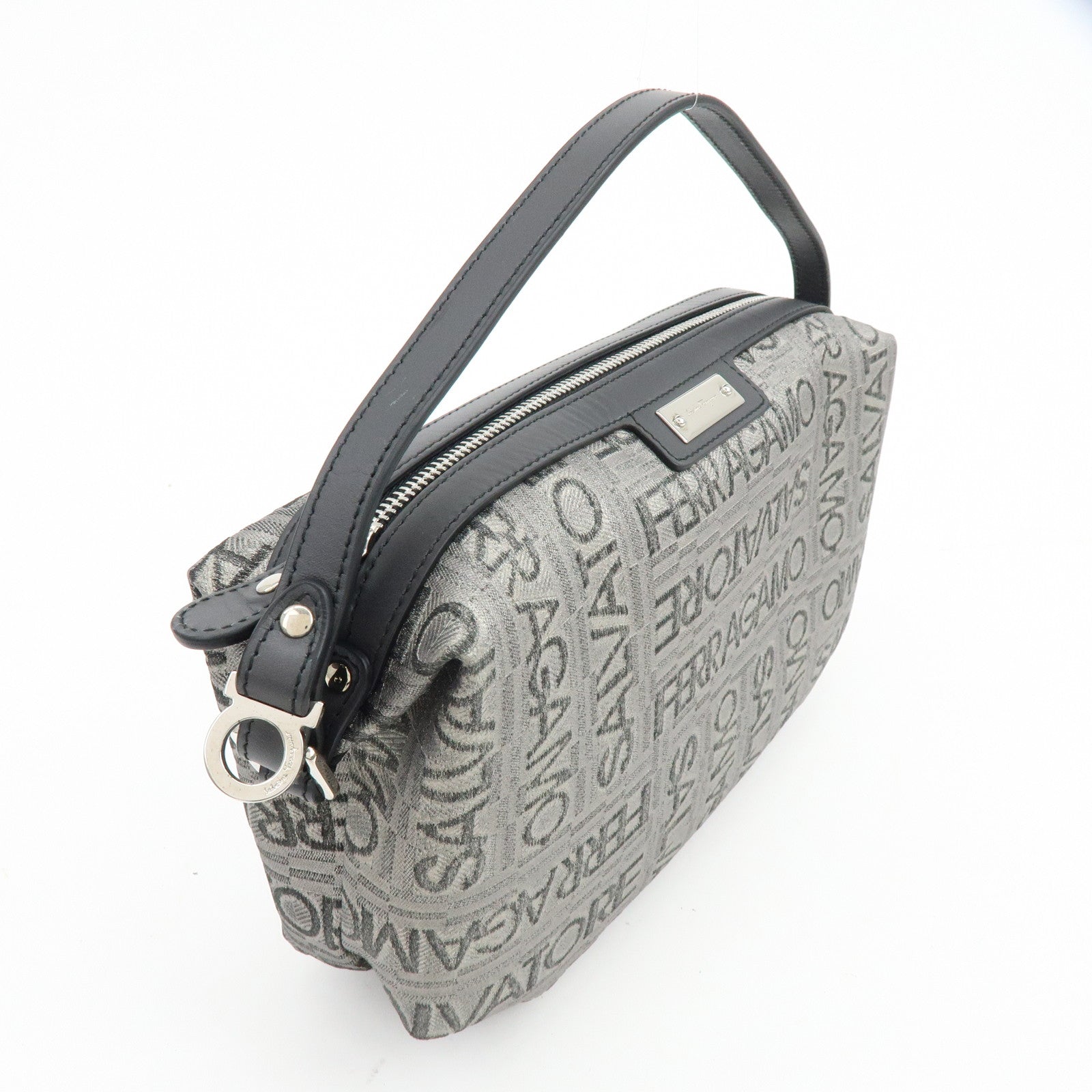 Ferragamo Gancini Logo Canvas Leather Hand Bag Pouch Silver Black